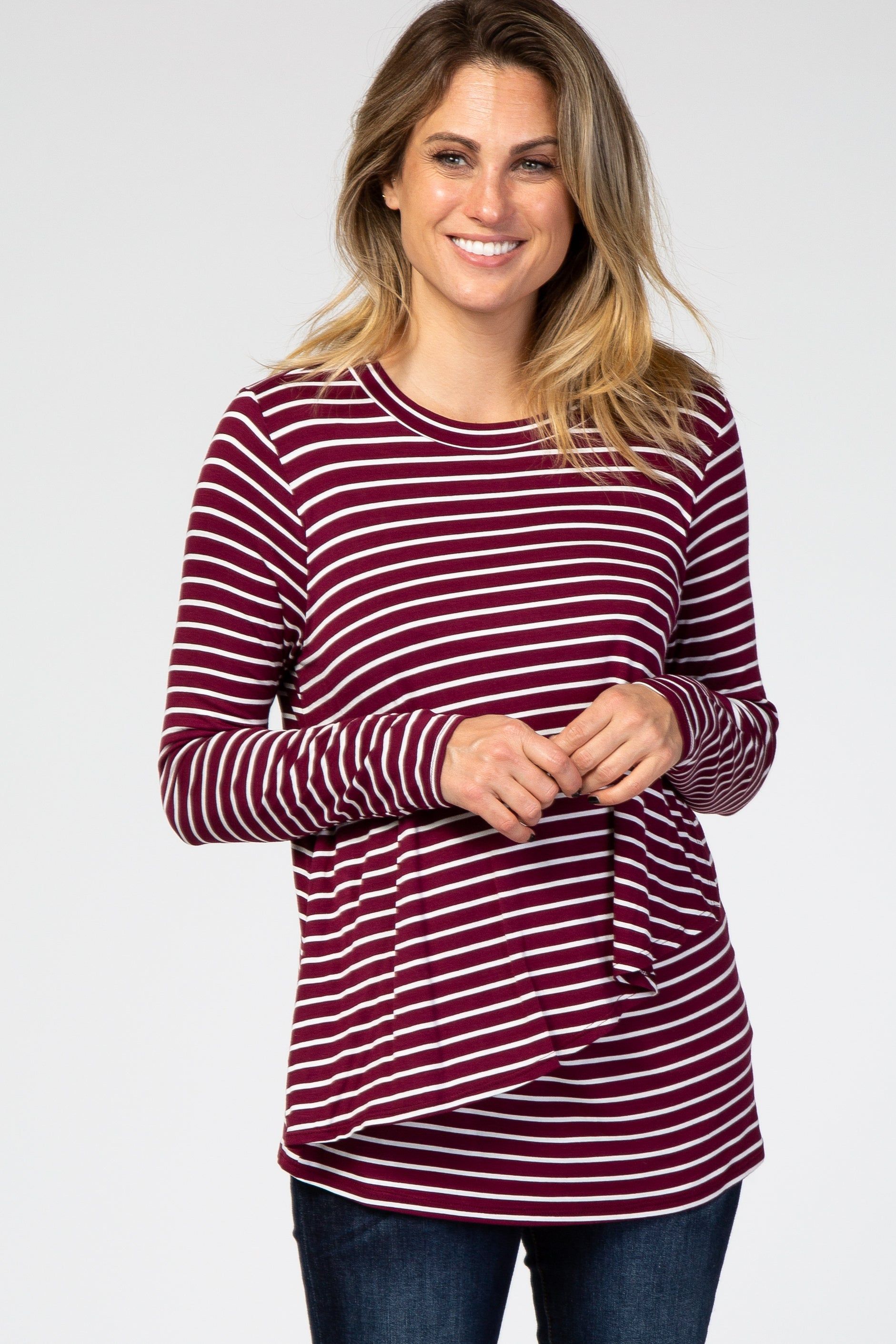 PinkBlush Burgundy Striped Layered Front Long Sleeve Nursing Top sold by Pinkblush