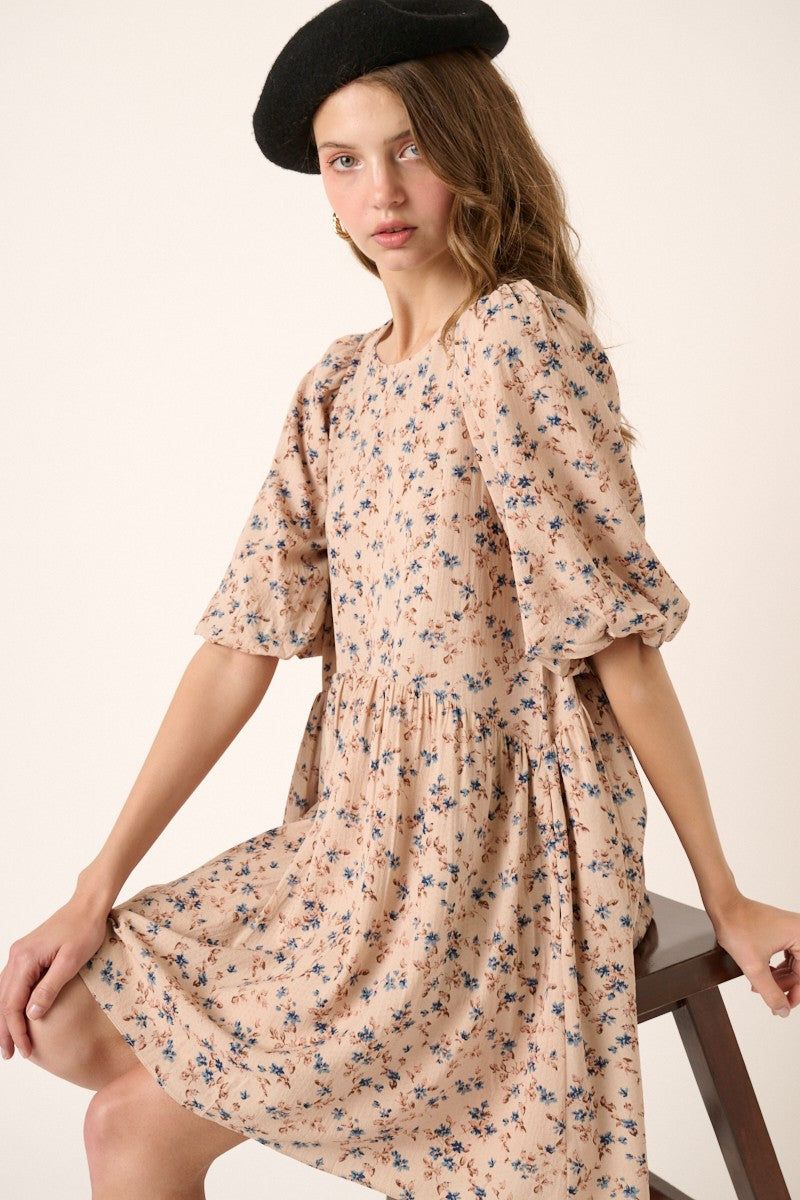 Dusty Blush Flower Print Balloon Sleeve Babydoll Mini Dress sold by Pinkblush product image thumbnail 4