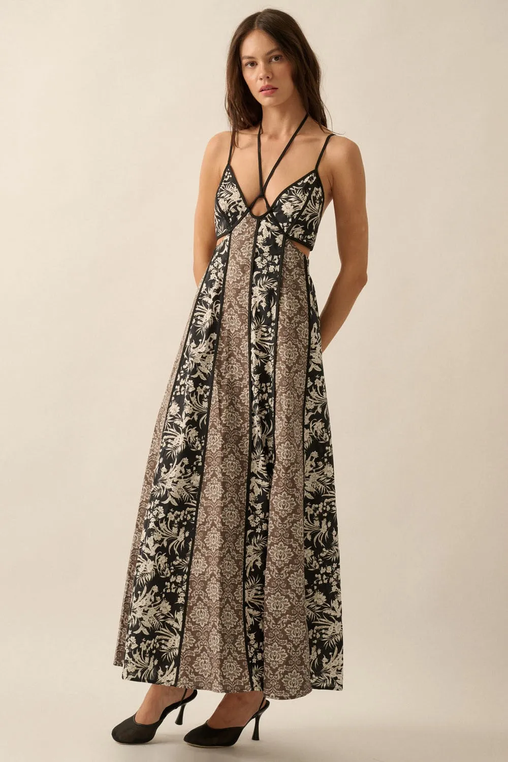 Black Floral Colorblock Cutout Open Back Maxi Dress sold by Pinkblush