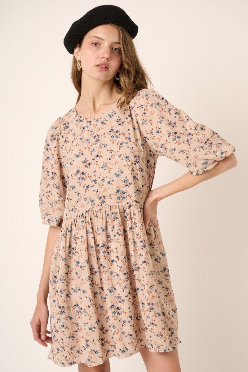 Dusty Blush Flower Print Balloon Sleeve Babydoll Mini Dress sold by Pinkblush