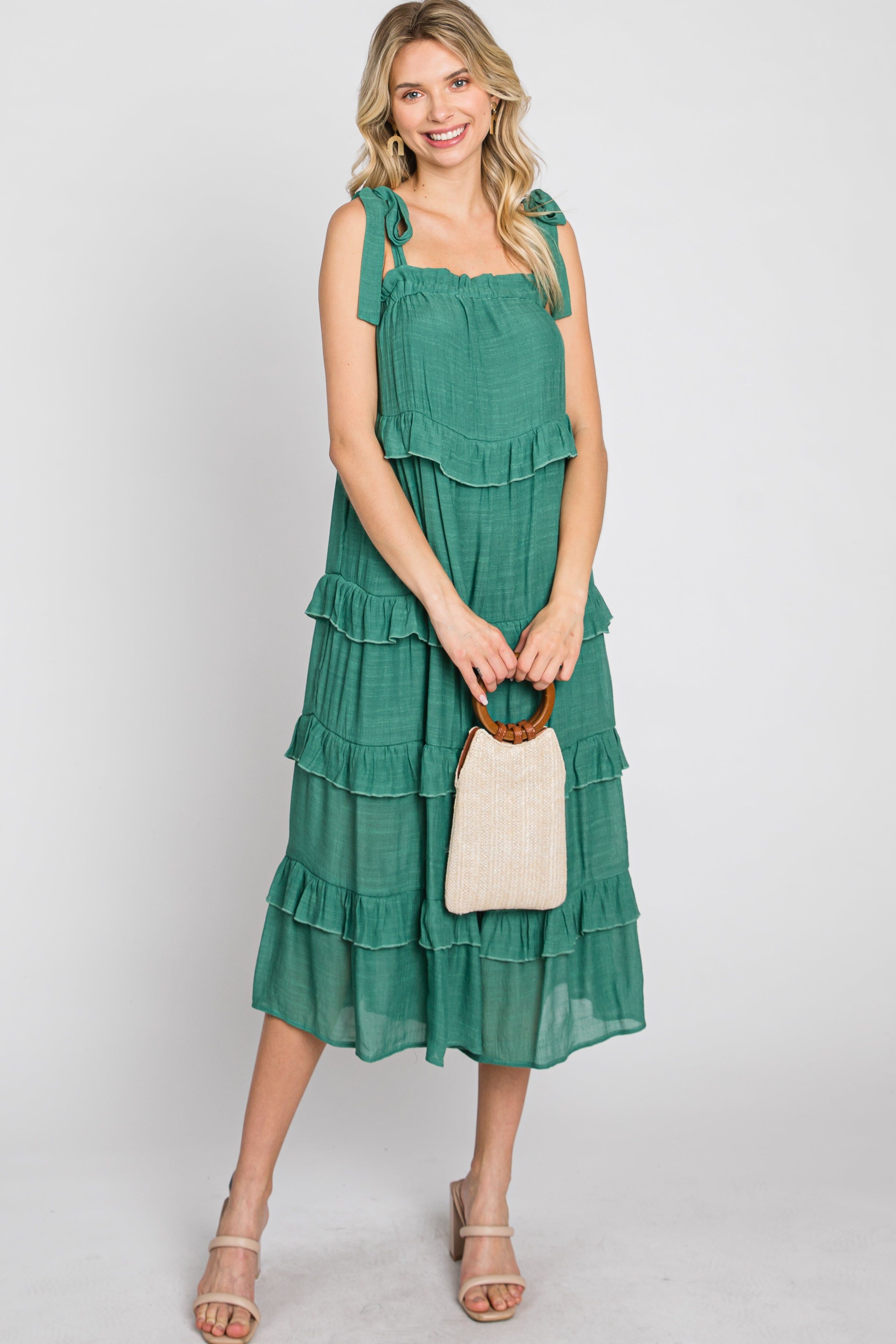 Green Ruffle Tiered Maternity Midi Dress sold by Pinkblush product image thumbnail 4