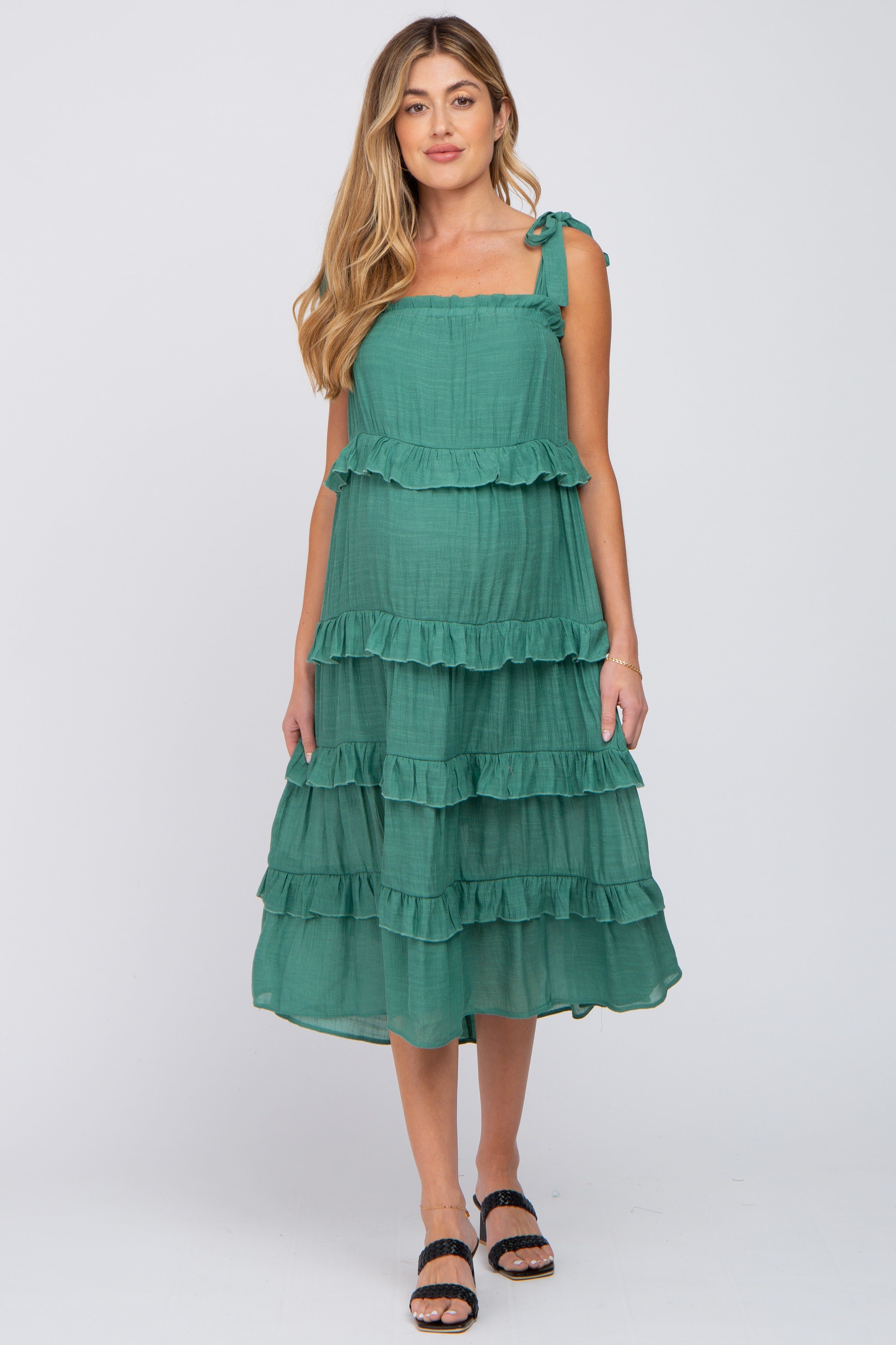 Green Ruffle Tiered Maternity Midi Dress sold by Pinkblush