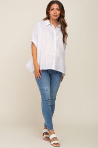 White Striped Button-Down Dolman Short Sleeve Maternity Top sold by Pinkblush
