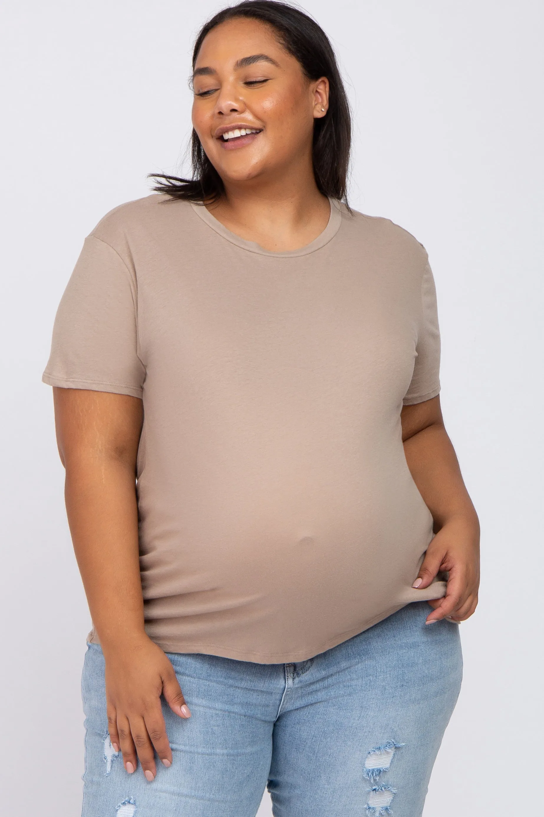 Mocha Solid Short Sleeve Plus Maternity Top sold by Pinkblush