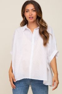 White Striped Button-Down Dolman Short Sleeve Maternity Top sold by Pinkblush