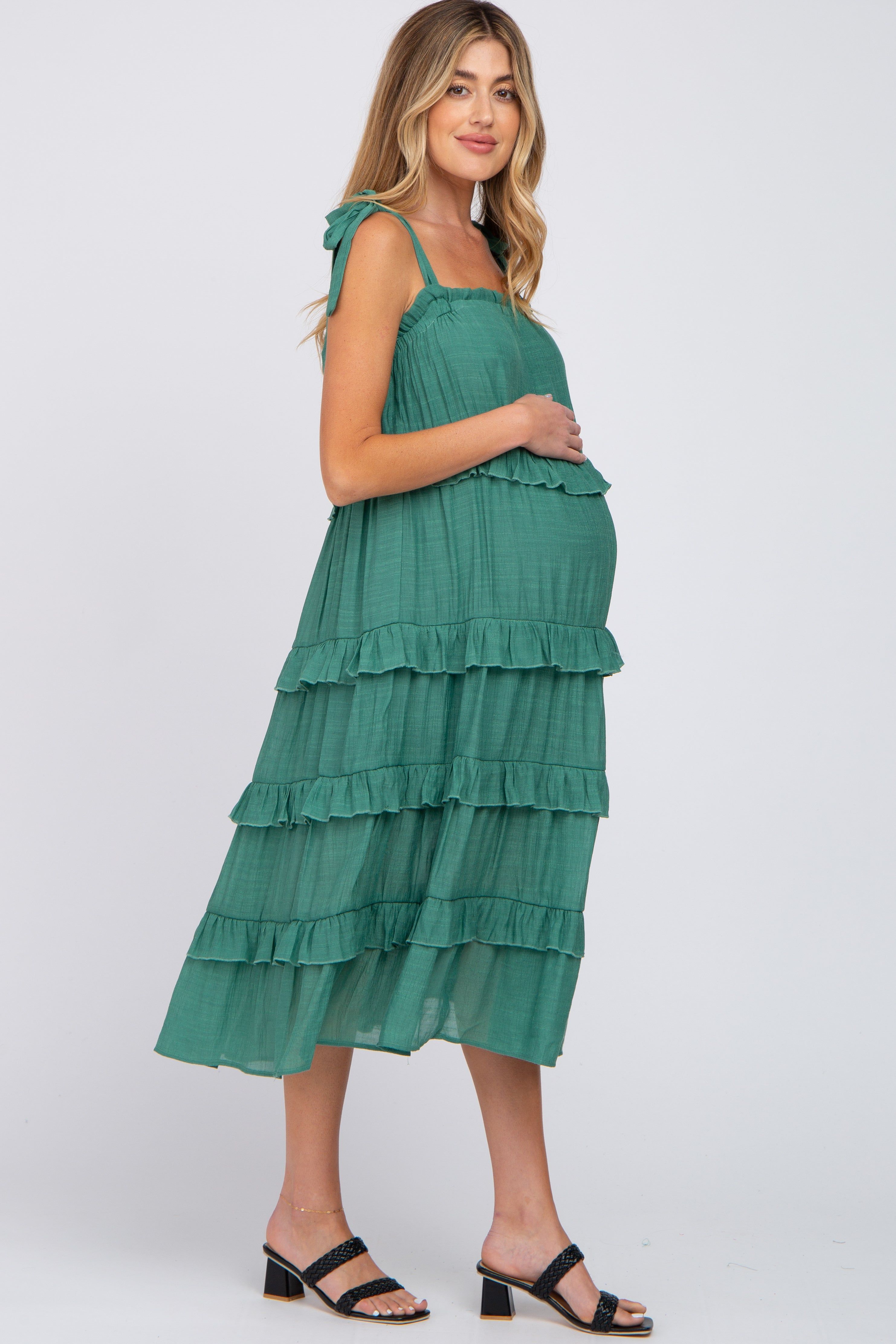 Green Ruffle Tiered Maternity Midi Dress sold by Pinkblush product image thumbnail 2