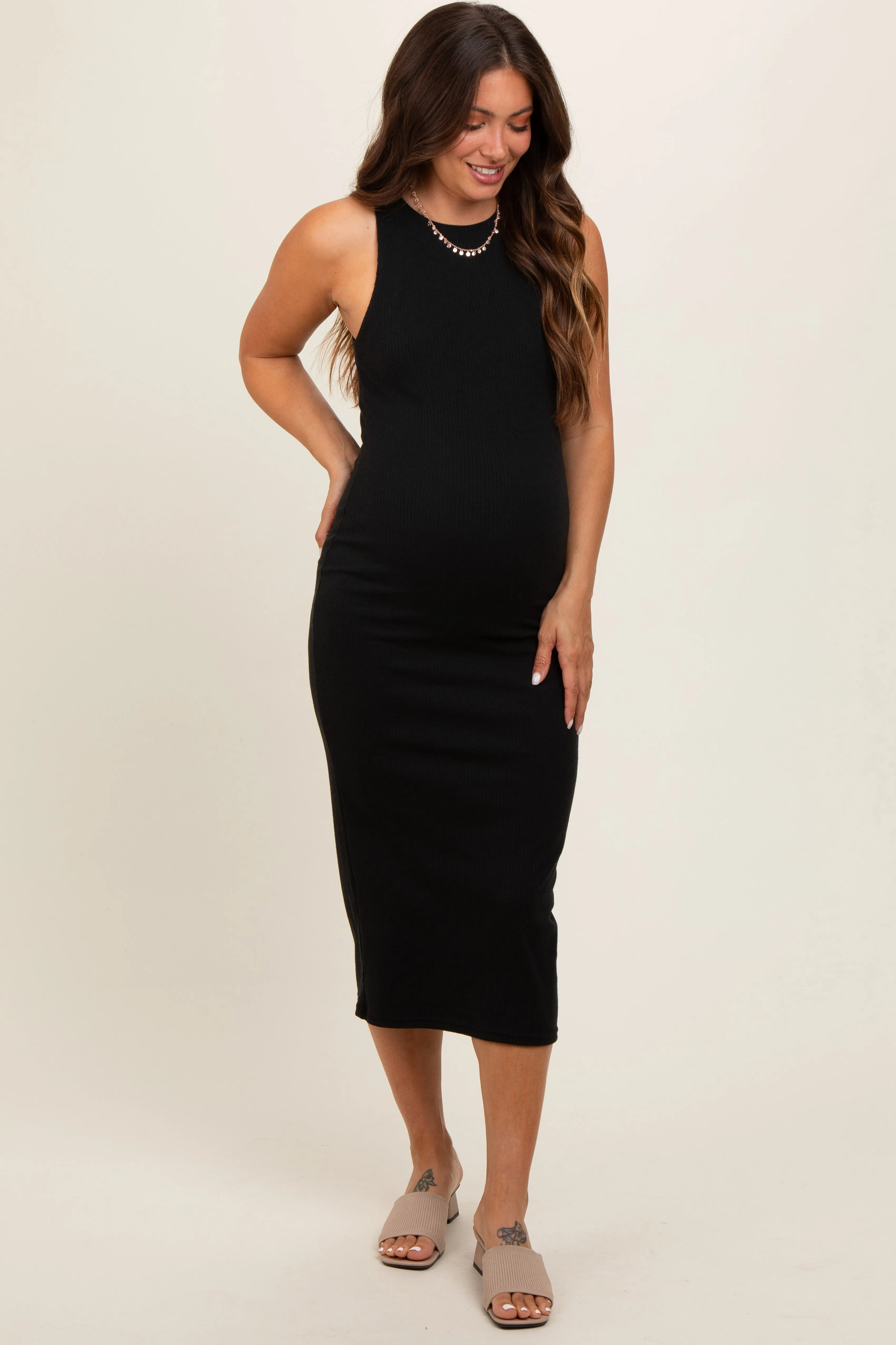 Black Sleeveless Ribbed Knit Maternity Midi Dress sold by Pinkblush