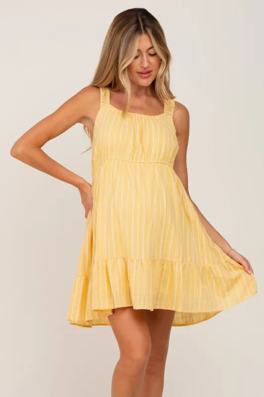 Yellow Striped Sleeveless Ruffle Maternity Dress sold by Pinkblush