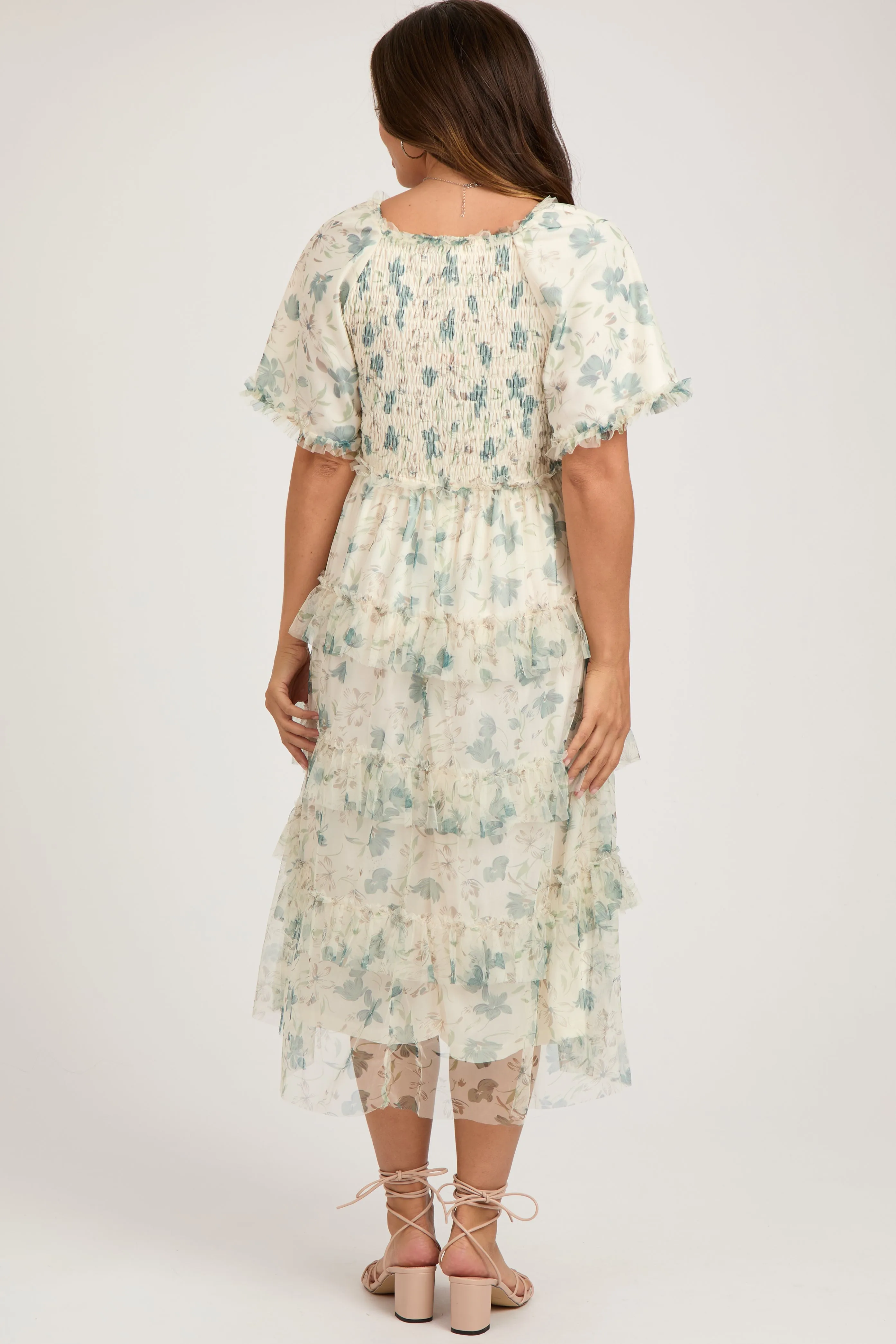 Cream Floral Tulle Smocked Ruffle Tiered Maternity Midi Dress sold by Pinkblush product image thumbnail 4