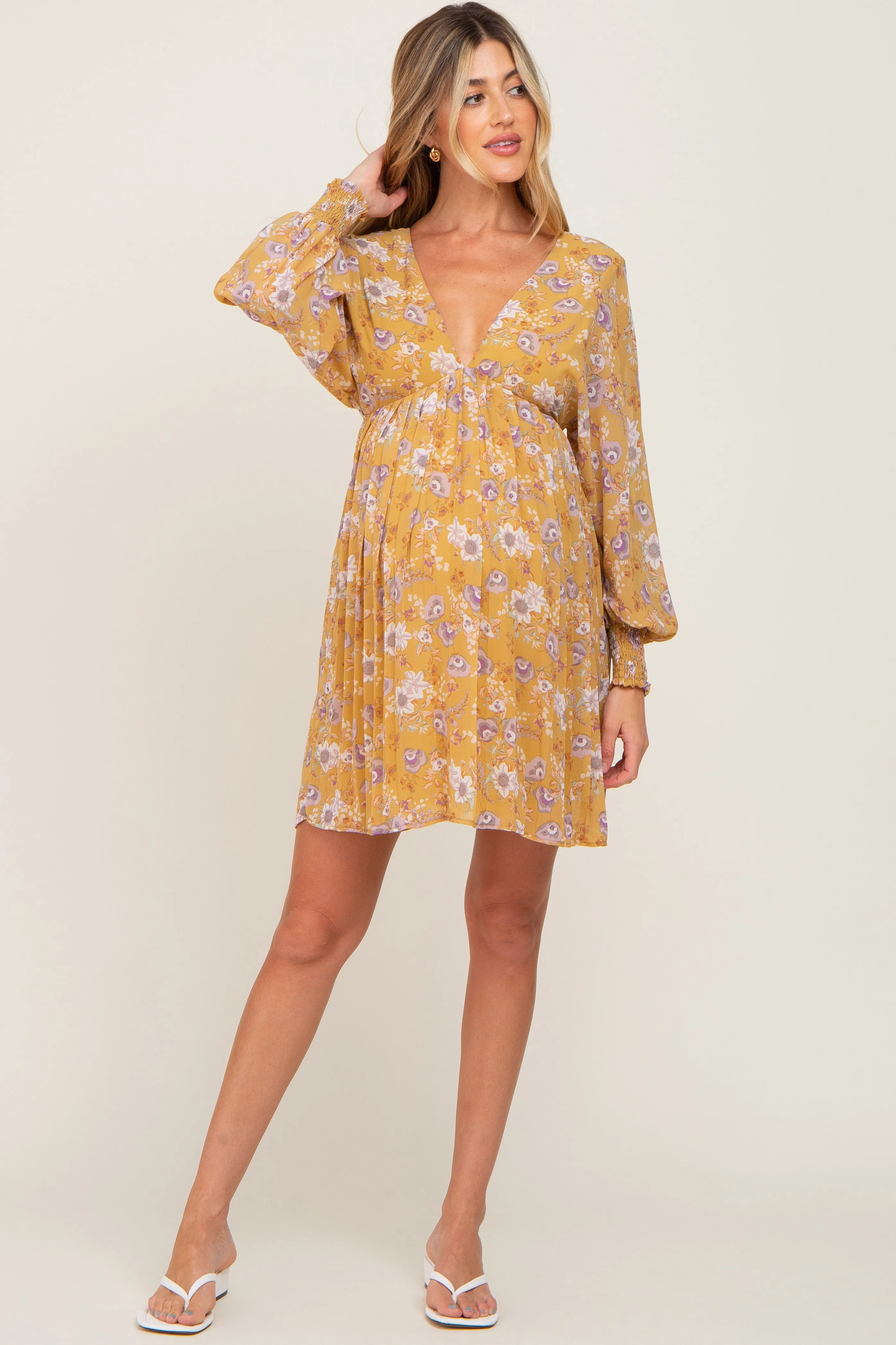 Yellow Floral Chiffon Pleated Long Sleeve Maternity Dress sold by Pinkblush product image thumbnail 5