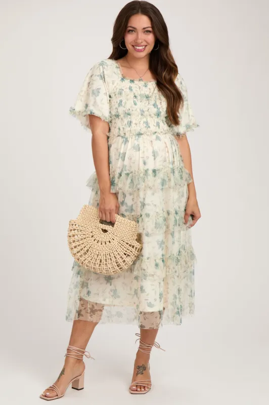 Cream Floral Tulle Smocked Ruffle Tiered Maternity Midi Dress sold by Pinkblush