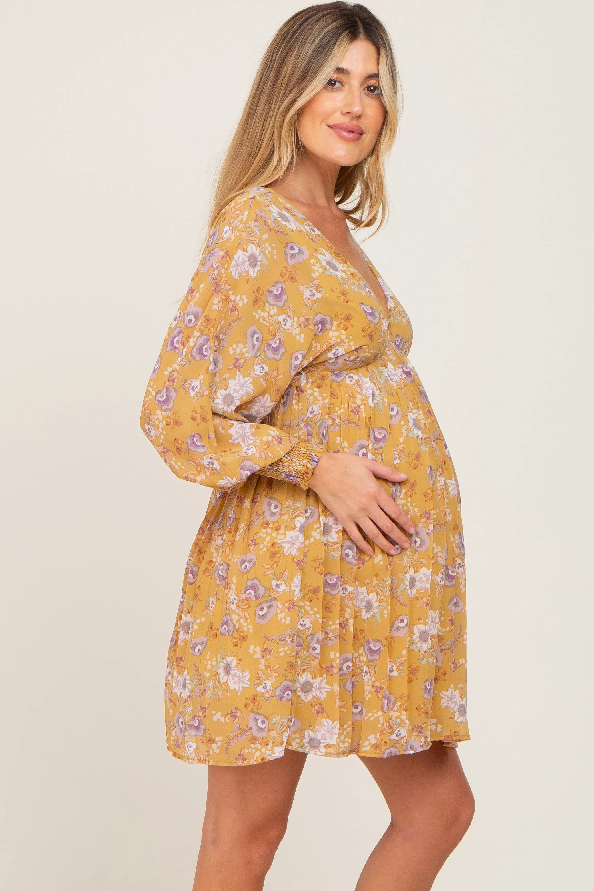 Yellow Floral Chiffon Pleated Long Sleeve Maternity Dress sold by Pinkblush product image thumbnail 2