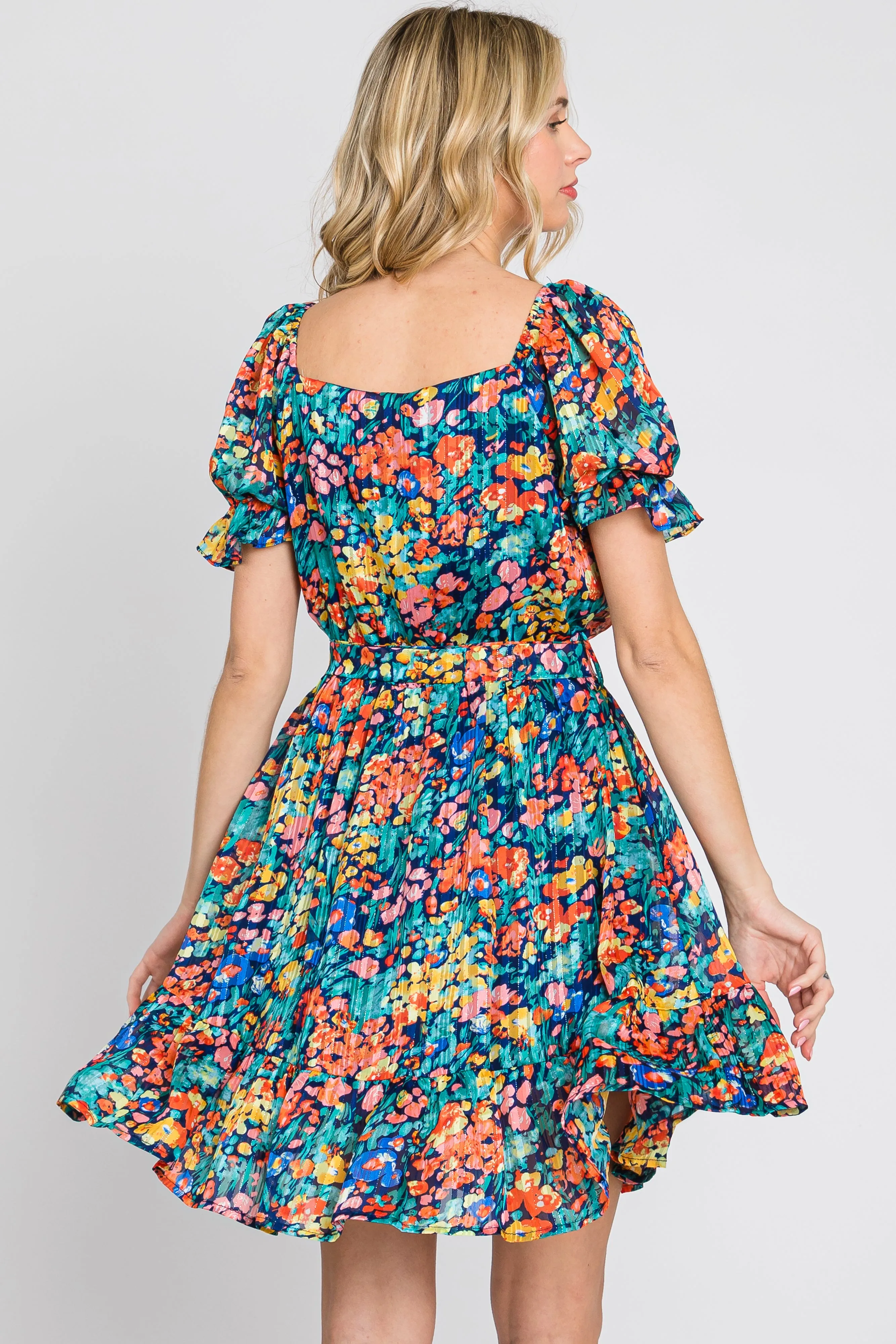 Navy Floral Chiffon Ruffle Accent Dress sold by Pinkblush product image thumbnail 4