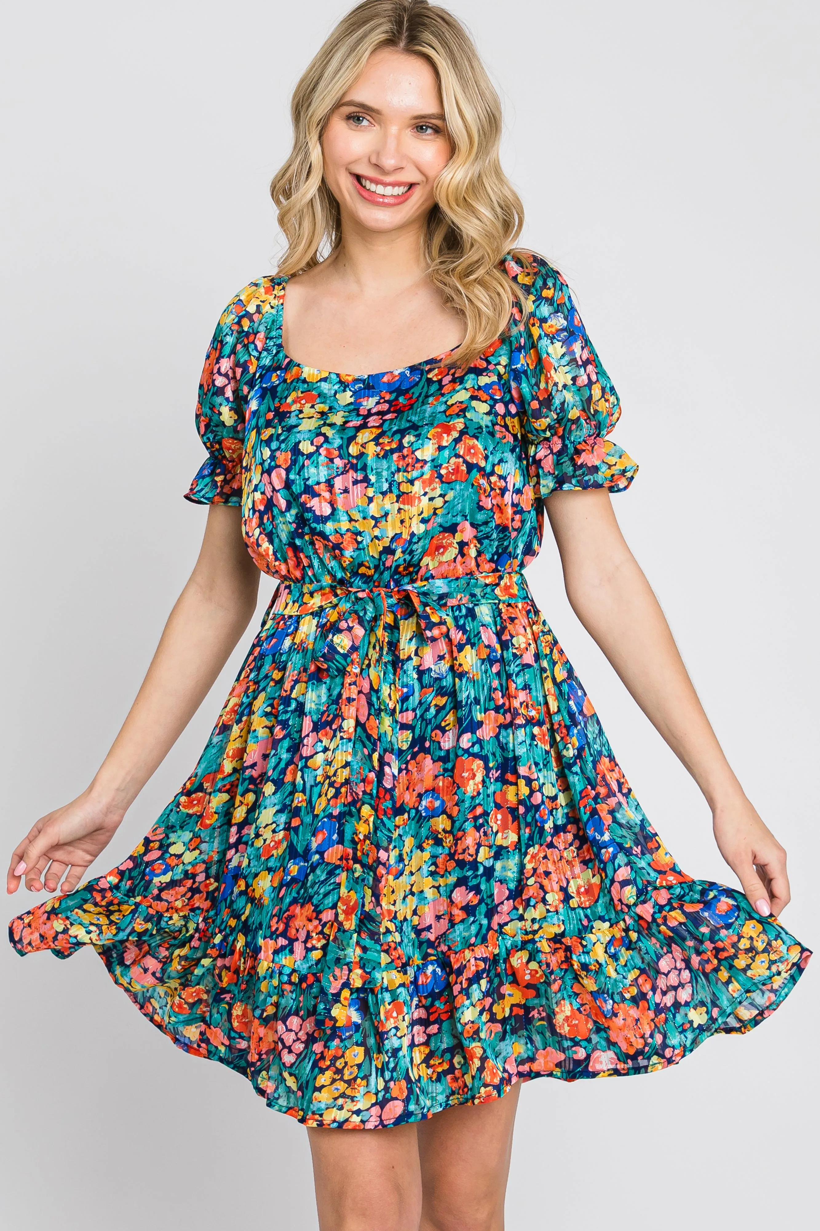 Navy Floral Chiffon Ruffle Accent Dress sold by Pinkblush