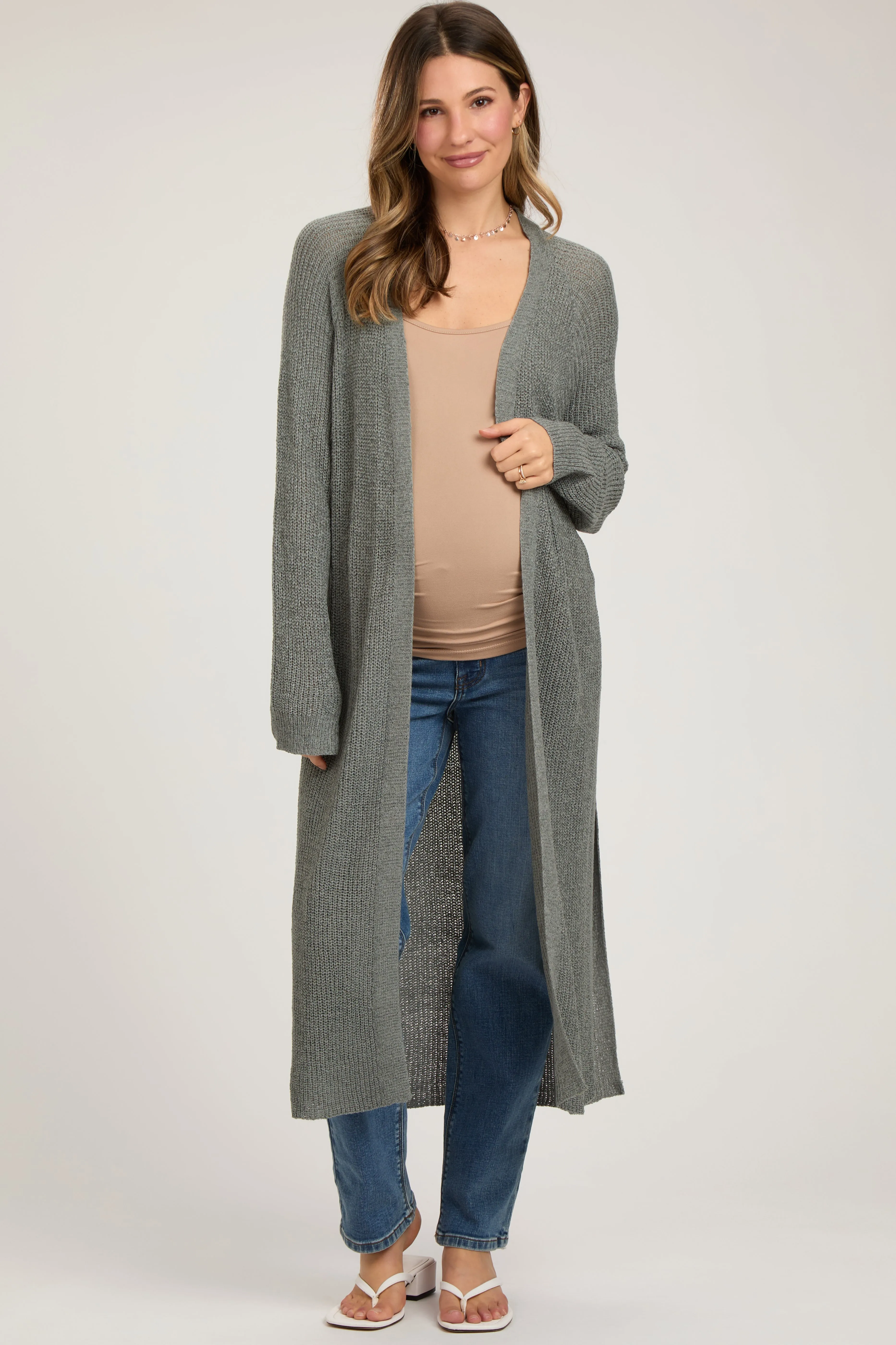Gray Knit Side Slit Long Maternity Cardigan sold by Pinkblush