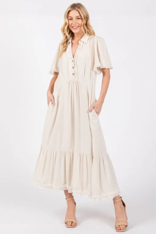 Beige Collared Pocketed Midi Dress sold by Pinkblush
