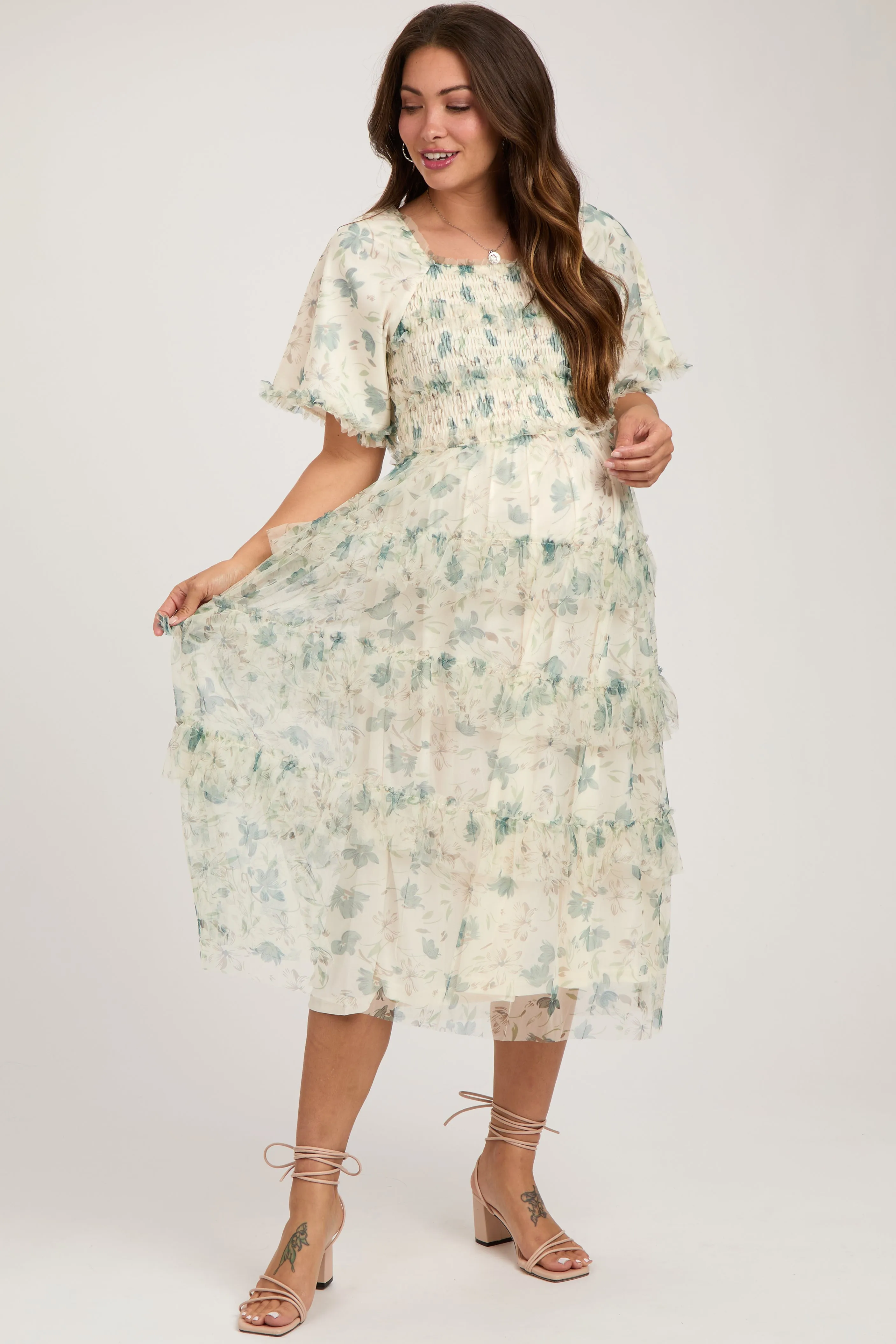 Cream Floral Tulle Smocked Ruffle Tiered Maternity Midi Dress sold by Pinkblush product image thumbnail 2