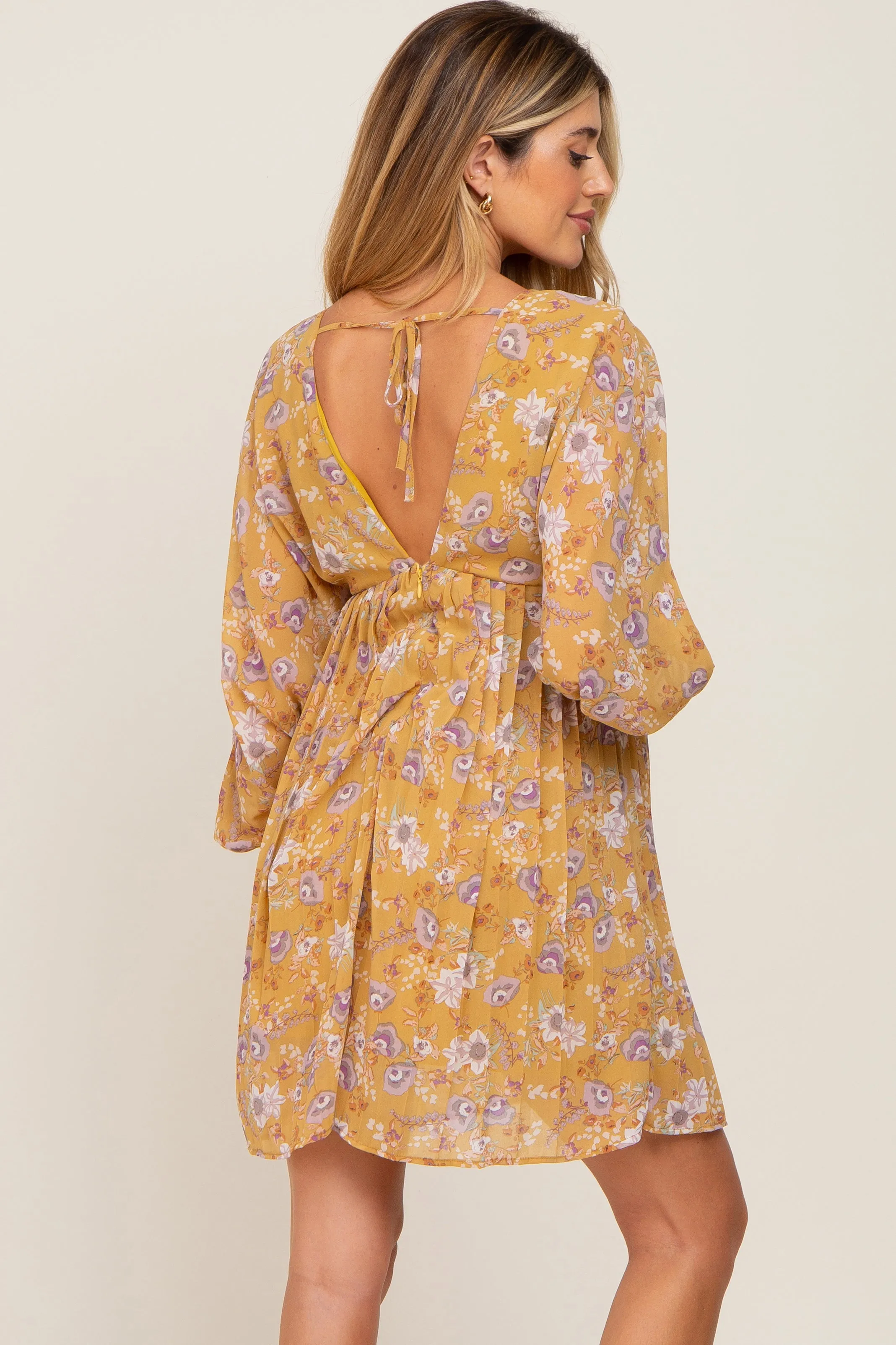 Yellow Floral Chiffon Pleated Long Sleeve Maternity Dress sold by Pinkblush product image thumbnail 3