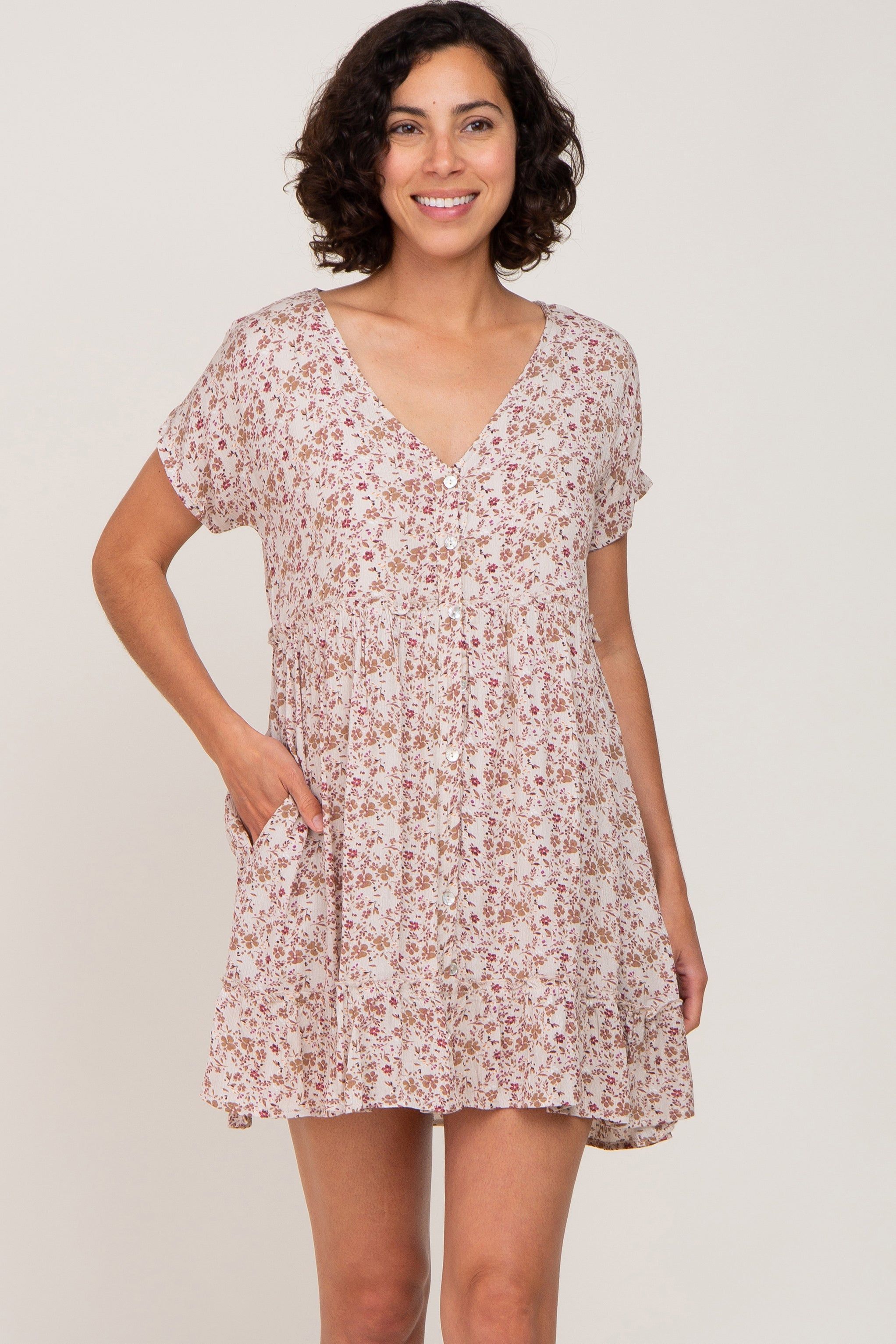 Taupe Floral Button Front Ruffle Hem Dress sold by Pinkblush