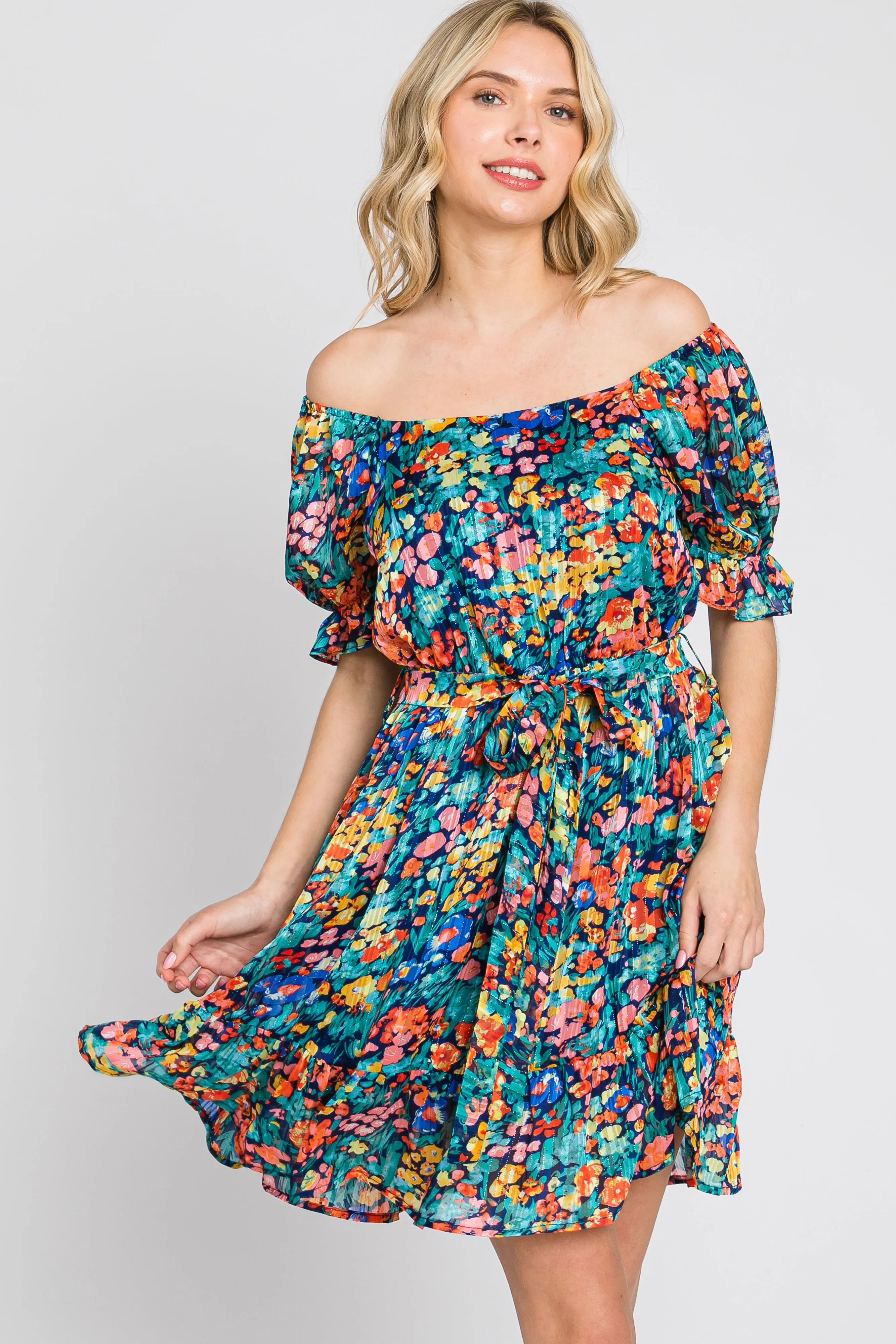 Navy Floral Chiffon Ruffle Accent Dress sold by Pinkblush product image thumbnail 5