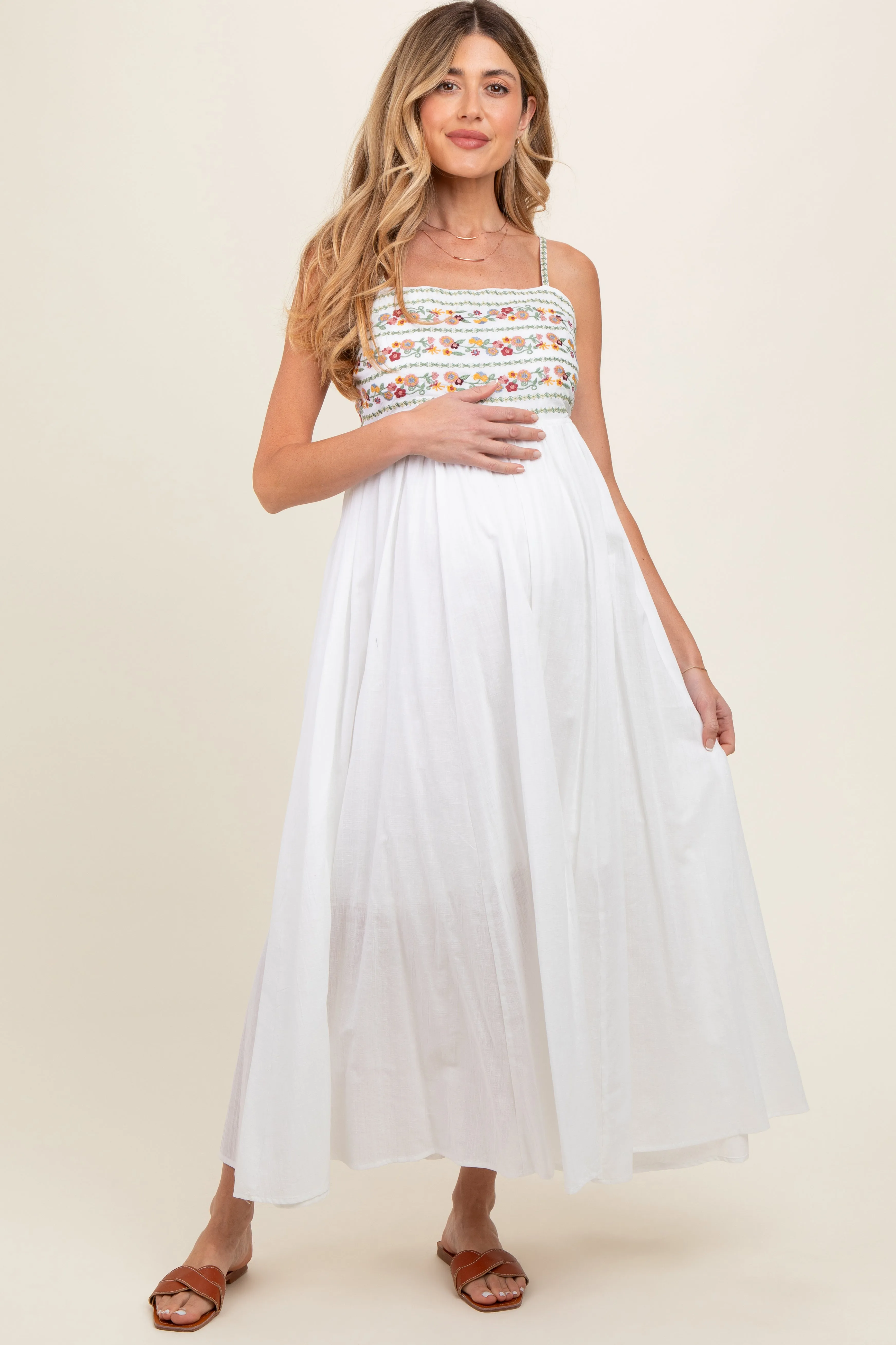 Multi-Color Floral Embroidered Lace-Up Back Maternity Maxi Dress sold by Pinkblush product image thumbnail 3