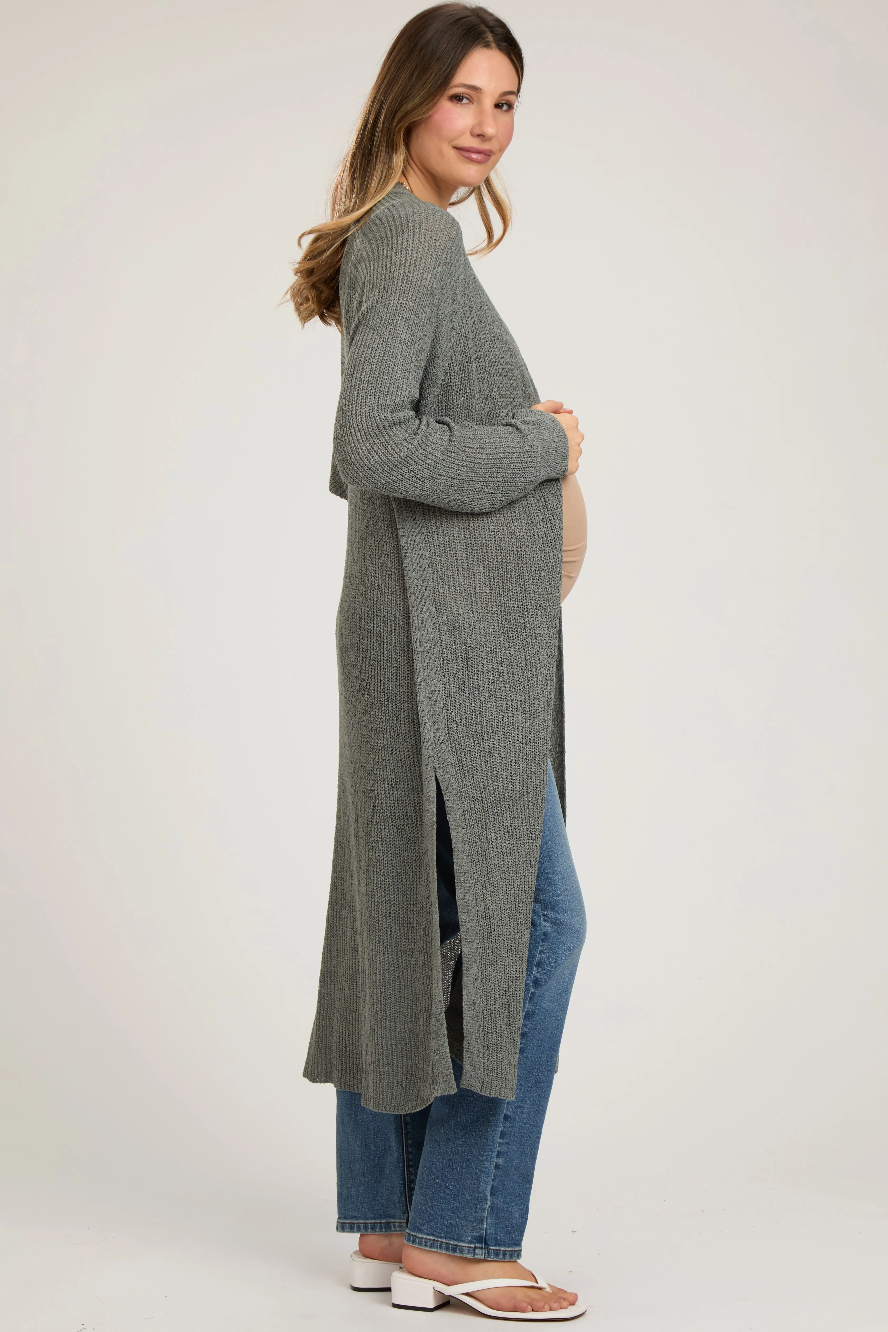 Gray Knit Side Slit Long Maternity Cardigan sold by Pinkblush product image thumbnail 2