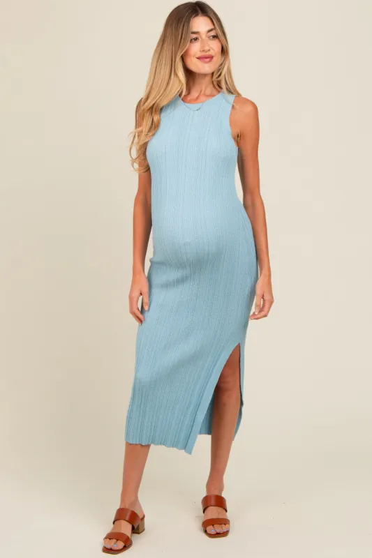 Light Blue Ribbed Side Slit Sleeveless Maternity Midi Dress sold by Pinkblush