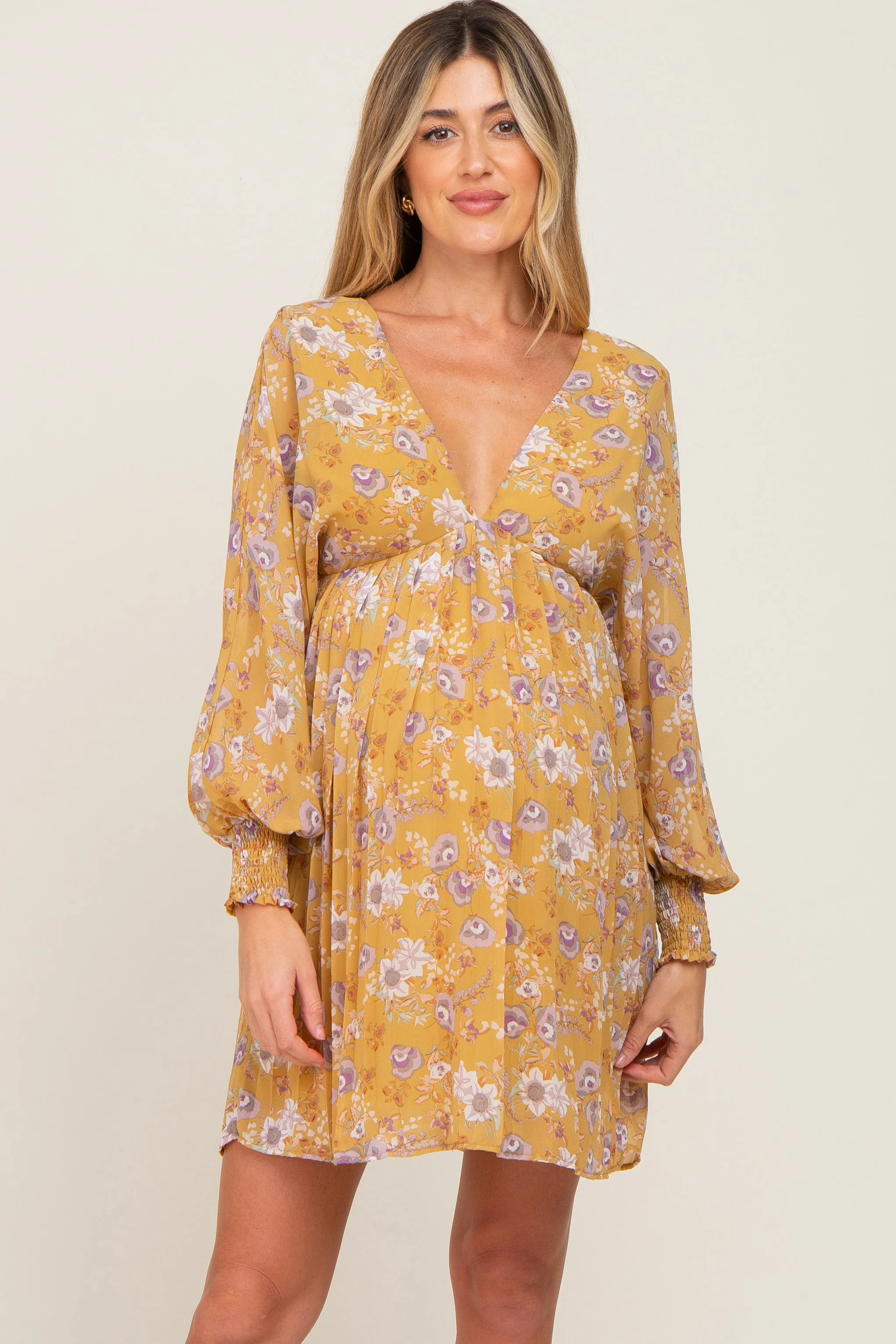 Yellow Floral Chiffon Pleated Long Sleeve Maternity Dress sold by Pinkblush