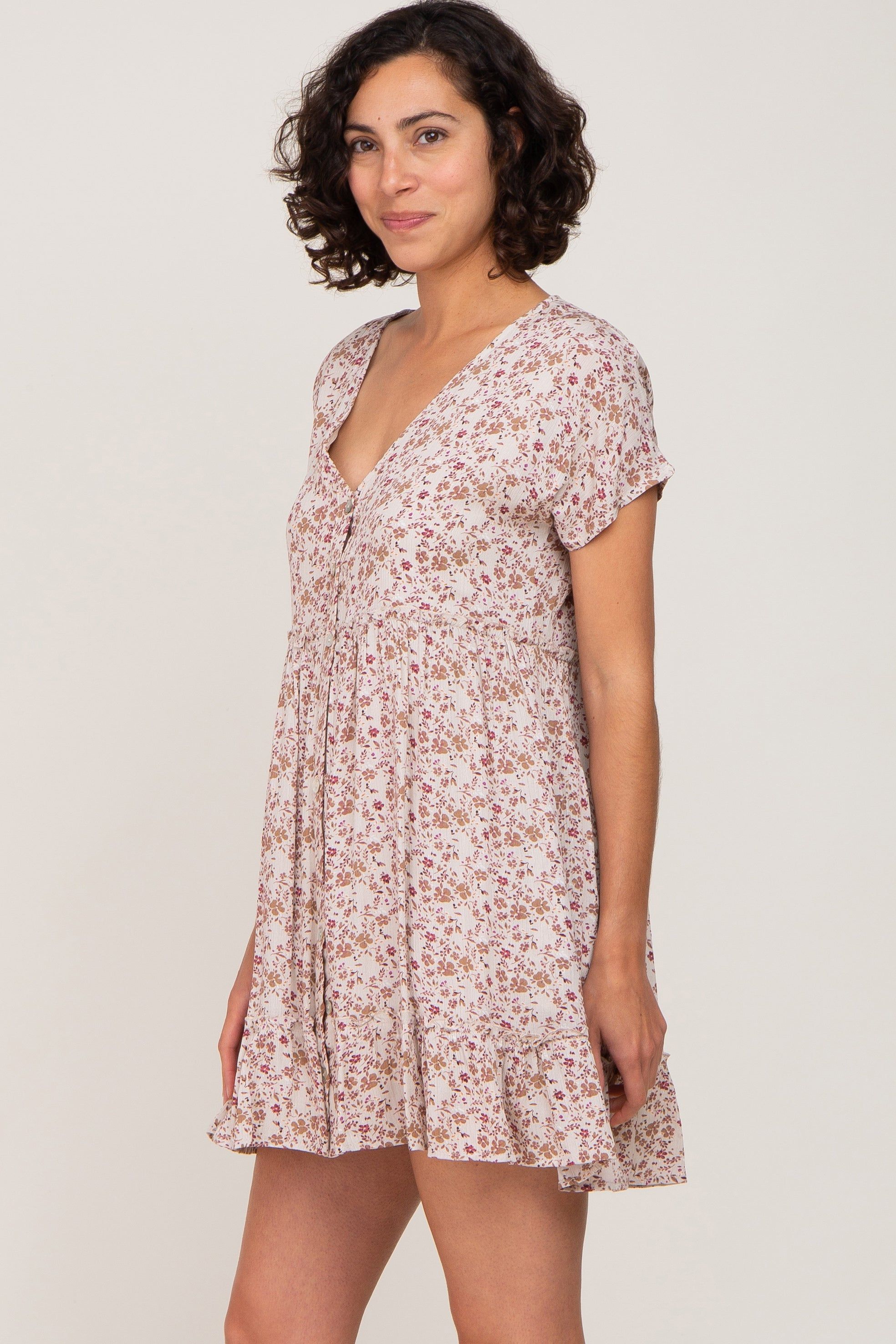 Taupe Floral Button Front Ruffle Hem Dress sold by Pinkblush product image thumbnail 2