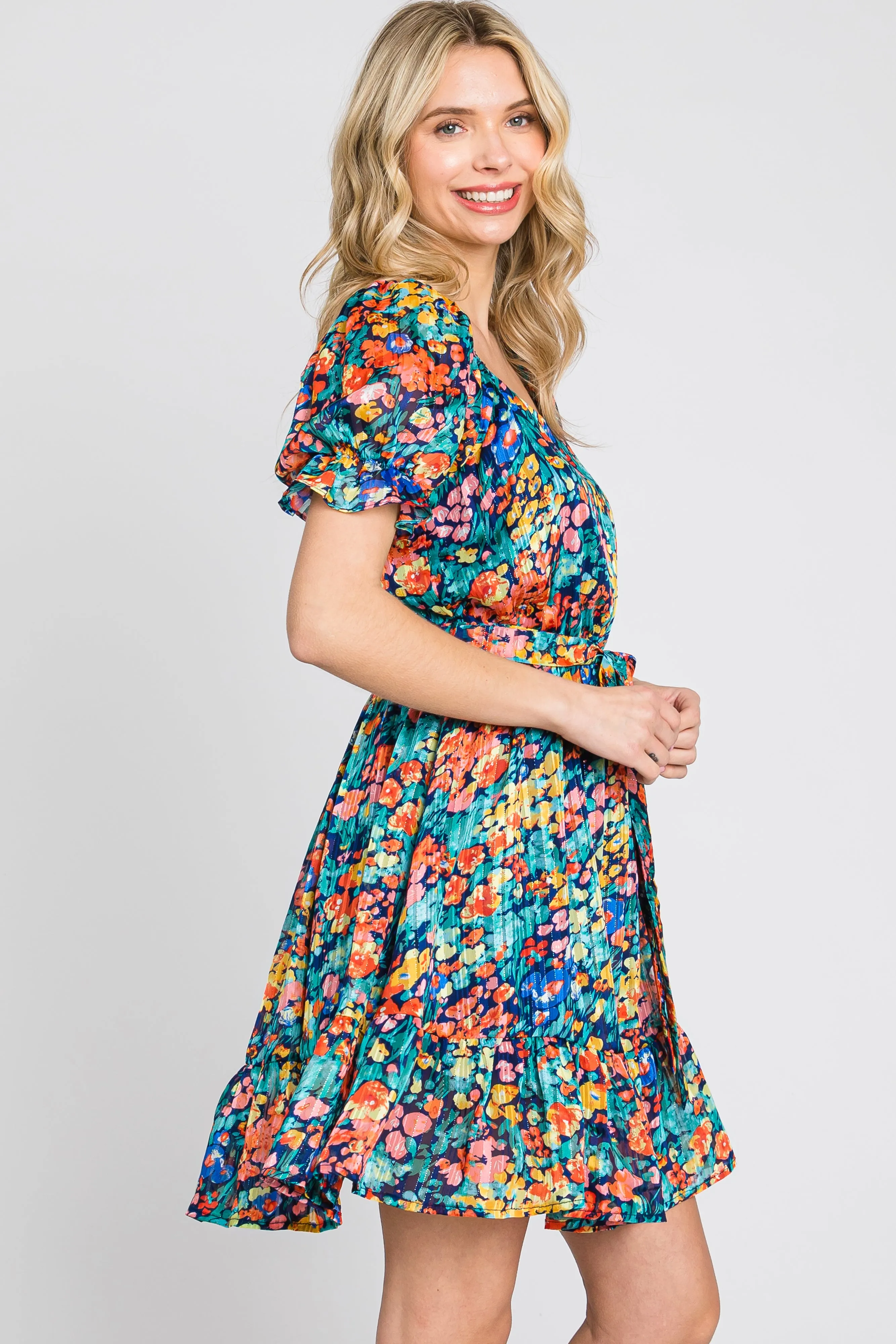Navy Floral Chiffon Ruffle Accent Dress sold by Pinkblush product image thumbnail 3