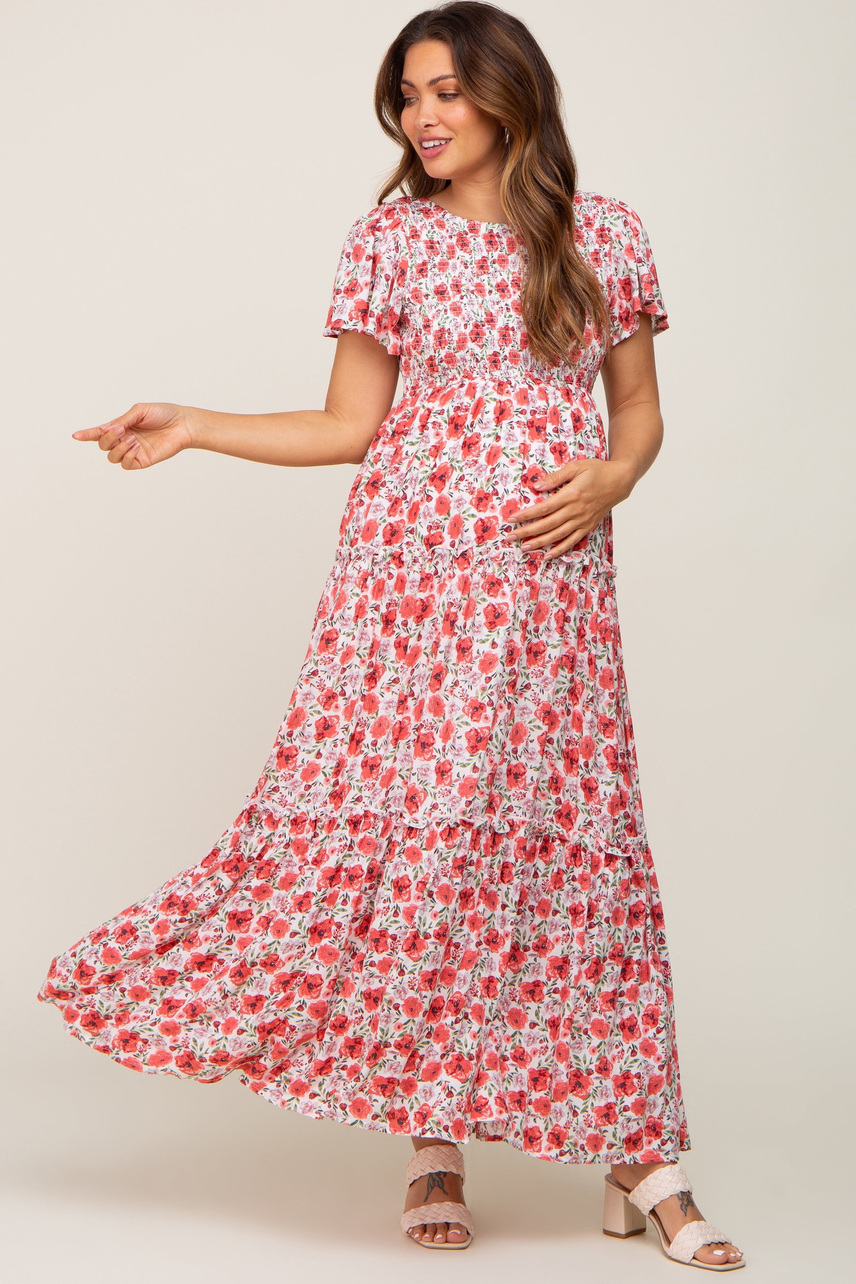 Pink Floral Smocked Scoop Back Ruffle Hem Maternity Maxi Dress sold by Pinkblush product image thumbnail 4
