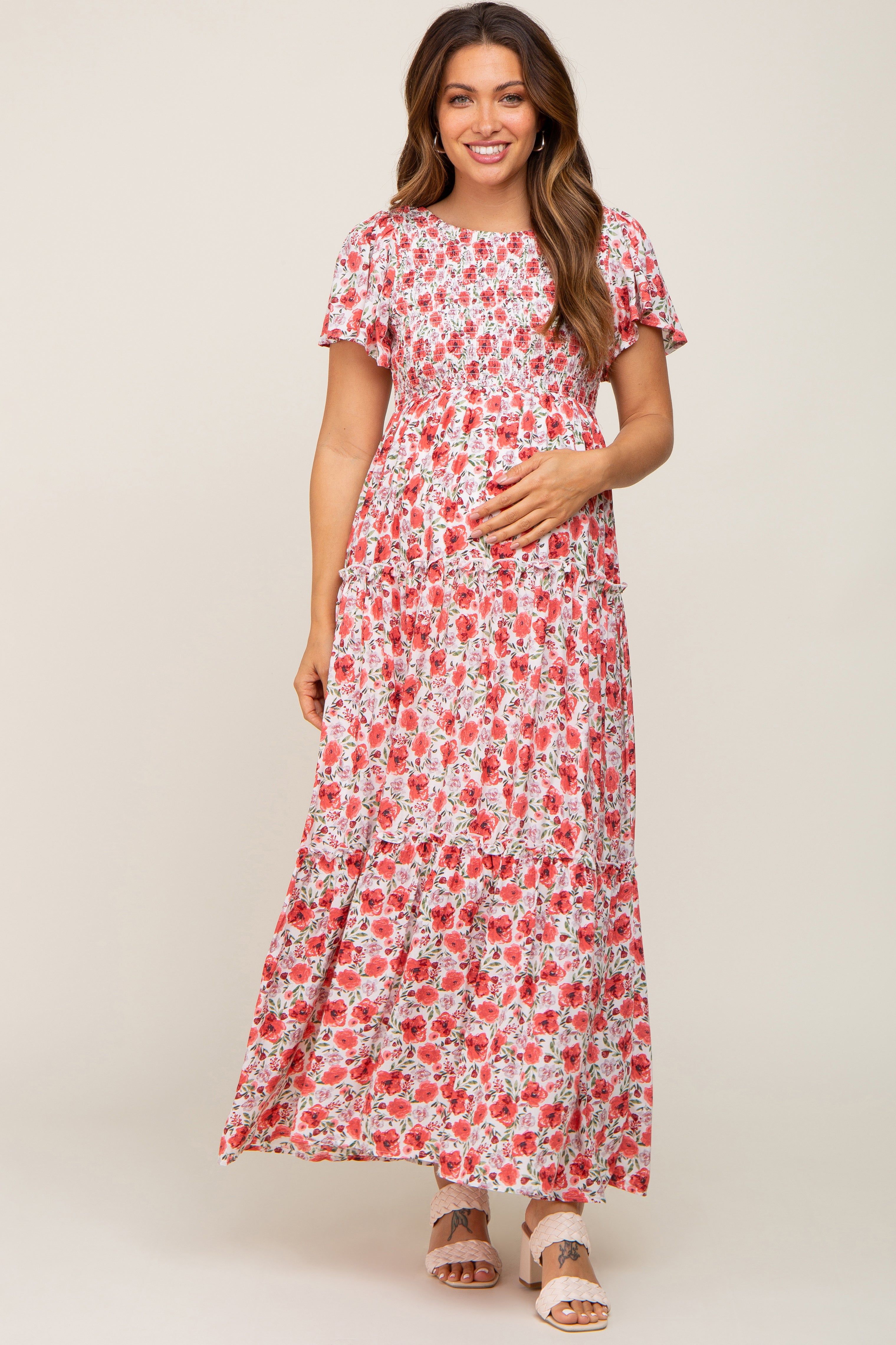 Pink Floral Smocked Scoop Back Ruffle Hem Maternity Maxi Dress sold by Pinkblush