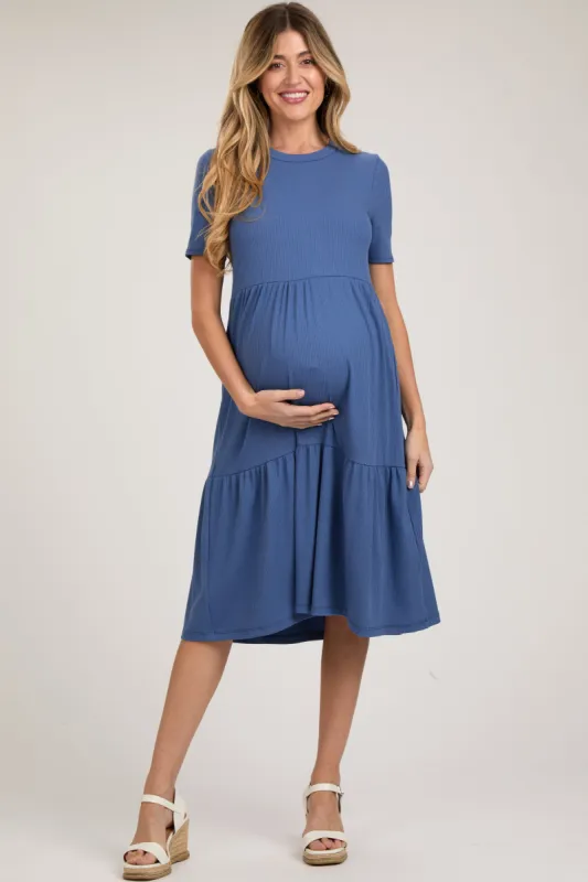 Blue Ribbed Tiered Maternity Midi Dress sold by Pinkblush