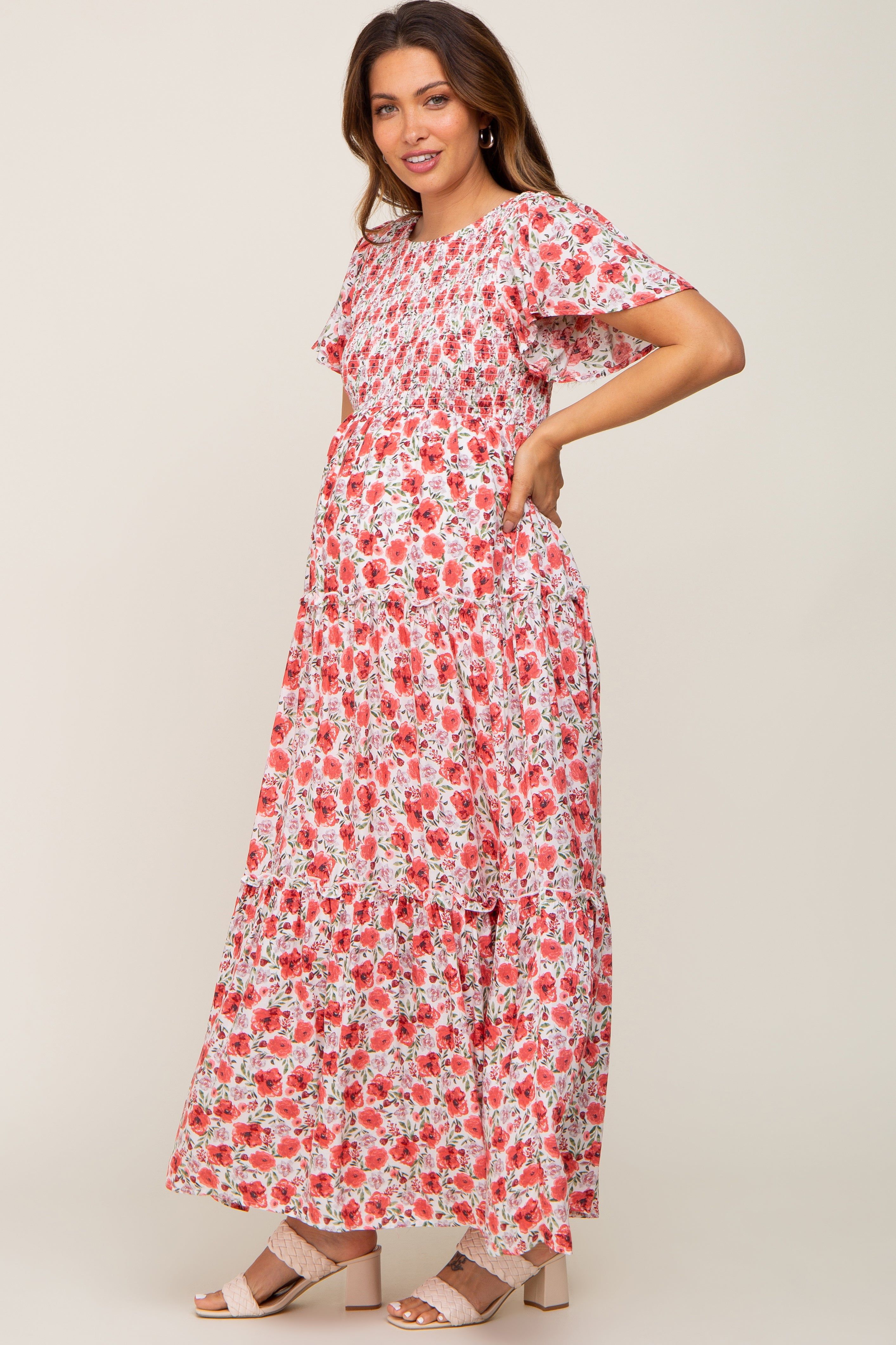 Pink Floral Smocked Scoop Back Ruffle Hem Maternity Maxi Dress sold by Pinkblush product image thumbnail 2