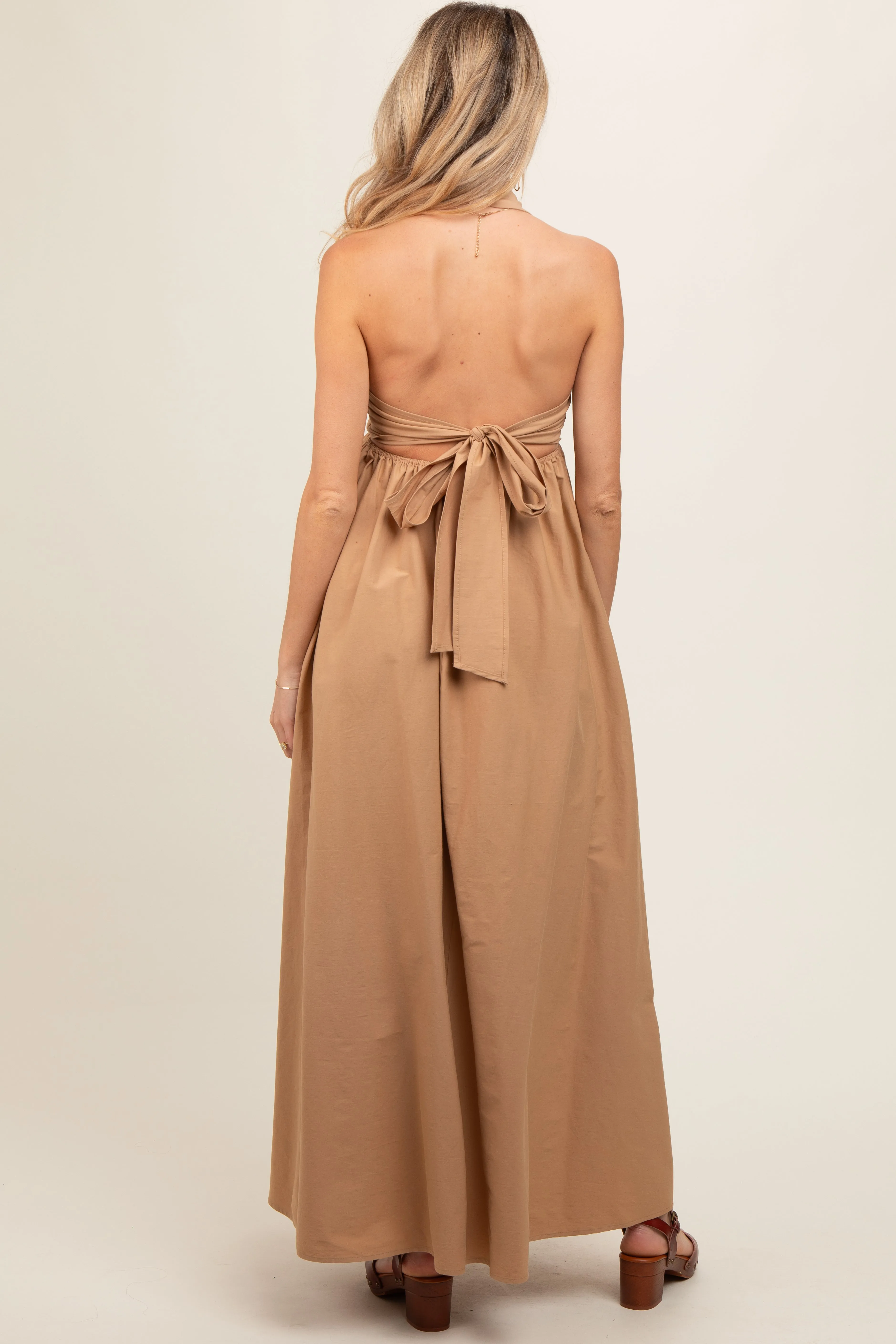 Taupe Collared Halter Back Tie Maternity Maxi Dress sold by Pinkblush product image thumbnail 4