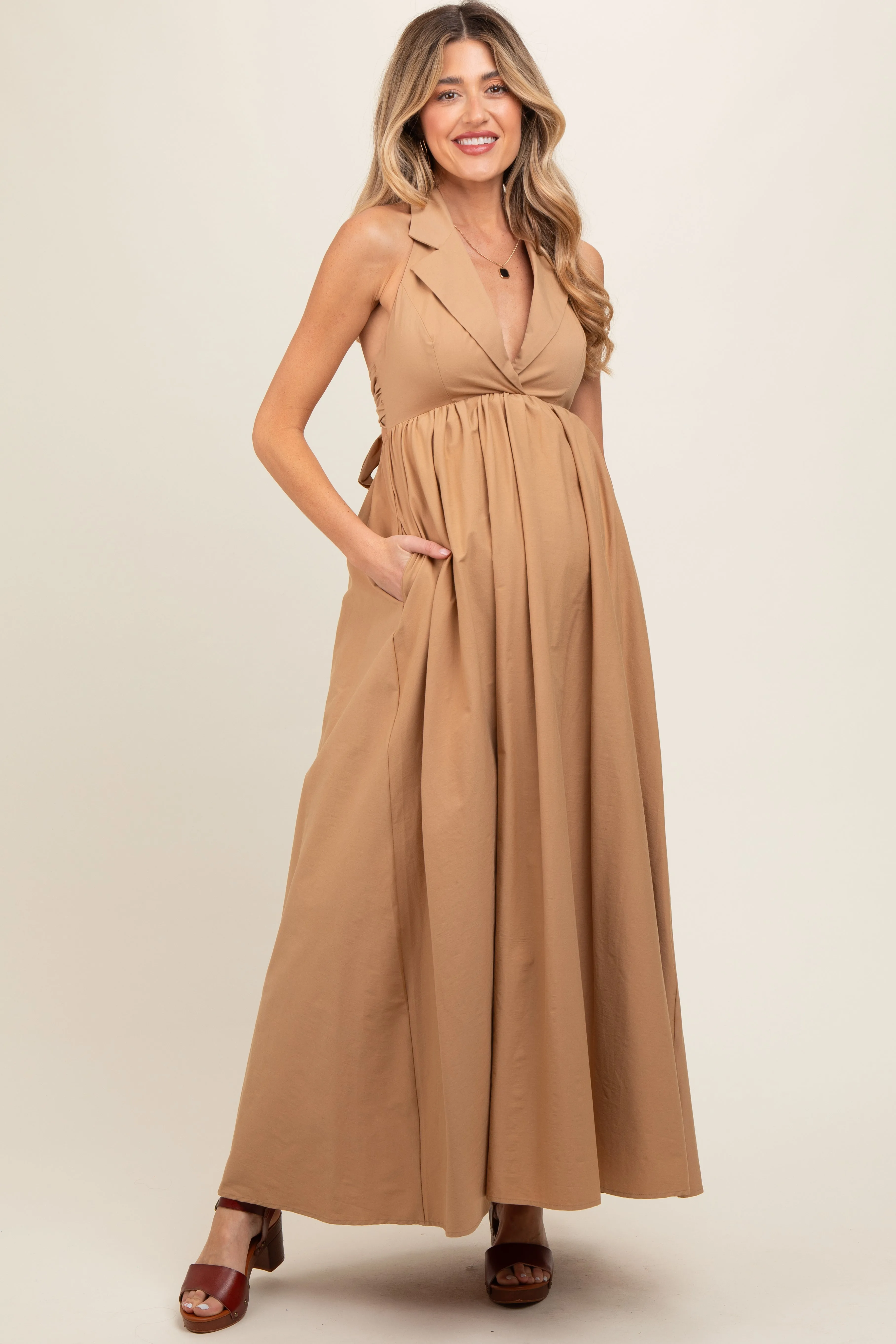 Taupe Collared Halter Back Tie Maternity Maxi Dress sold by Pinkblush
