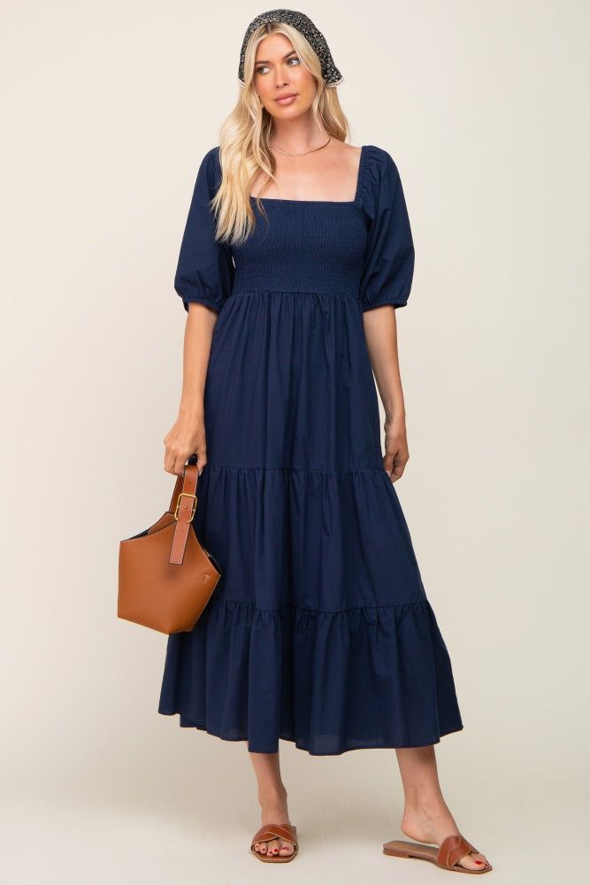 Navy Blue Square Neck Smocked Tiered Maxi Dress sold by Pinkblush product image thumbnail 5