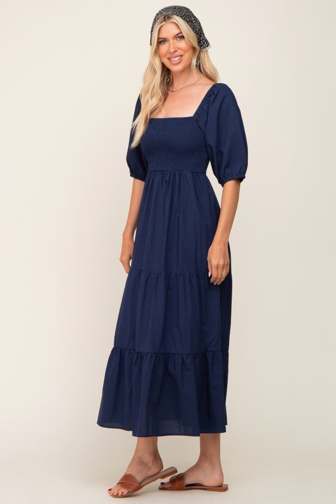 Navy Blue Square Neck Smocked Tiered Maxi Dress sold by Pinkblush product image thumbnail 2