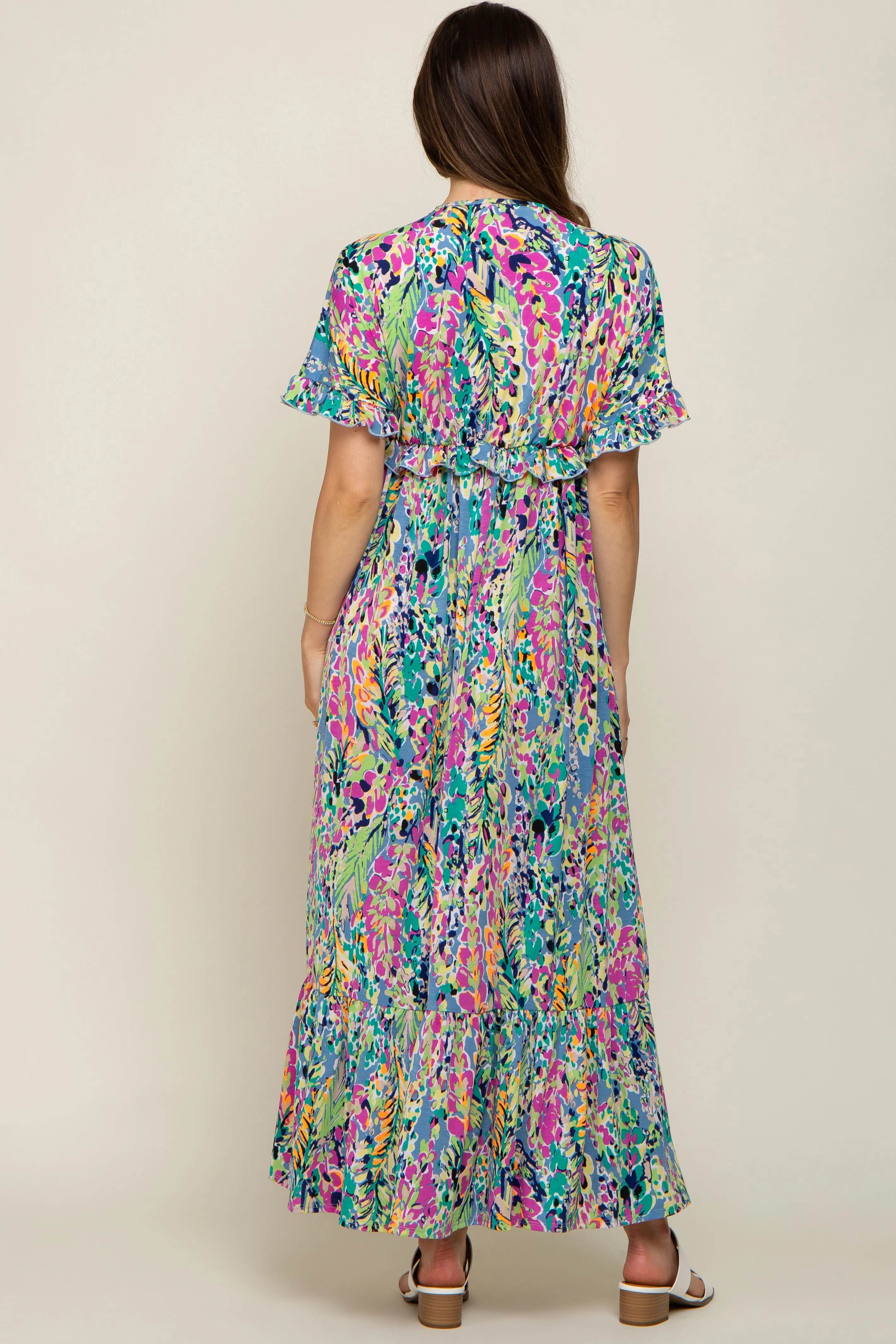 Blue Multi-Color Floral Ruffle Maternity Maxi Dress sold by Pinkblush product image thumbnail 3