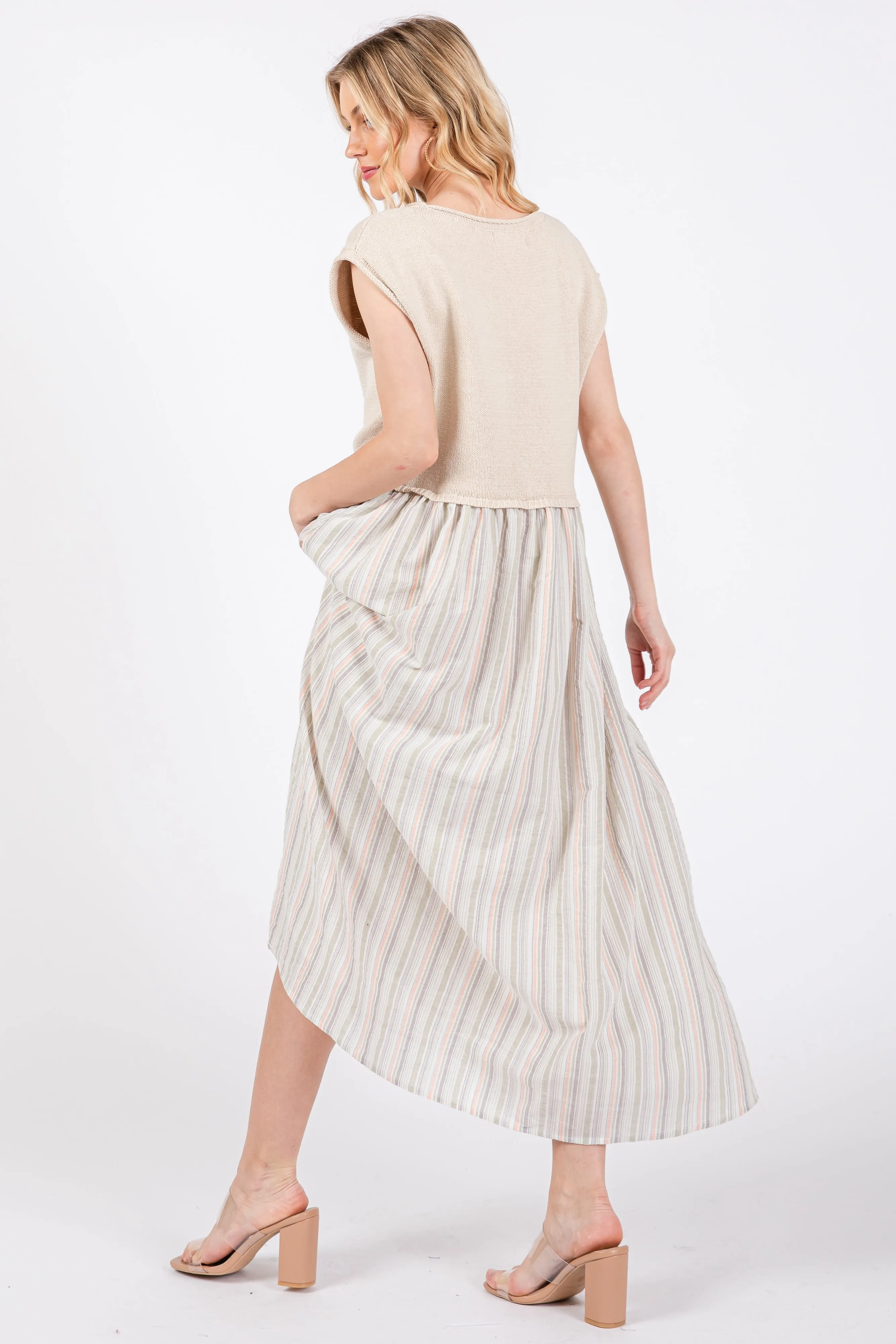 Sage Knit Striped Skirt Pocketed Sleeveless Midi Dress sold by Pinkblush product image thumbnail 4