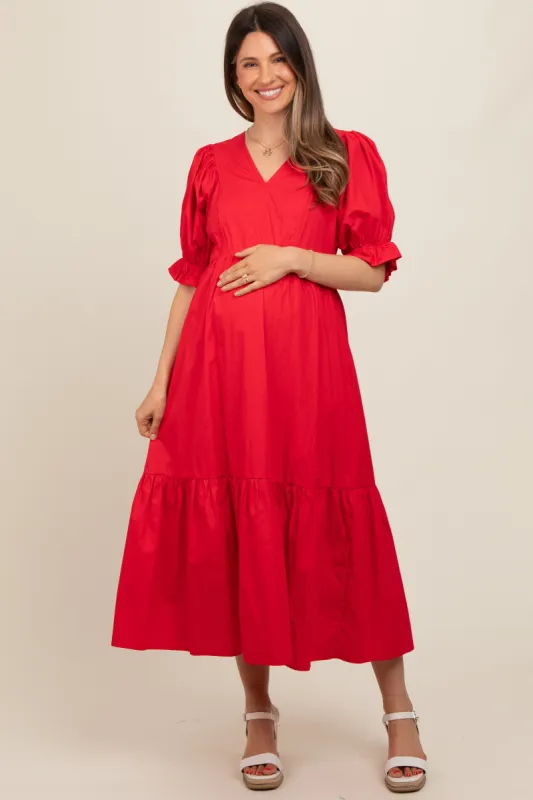 Red Short Puff Sleeve Tiered Maternity Midi Dress sold by Pinkblush