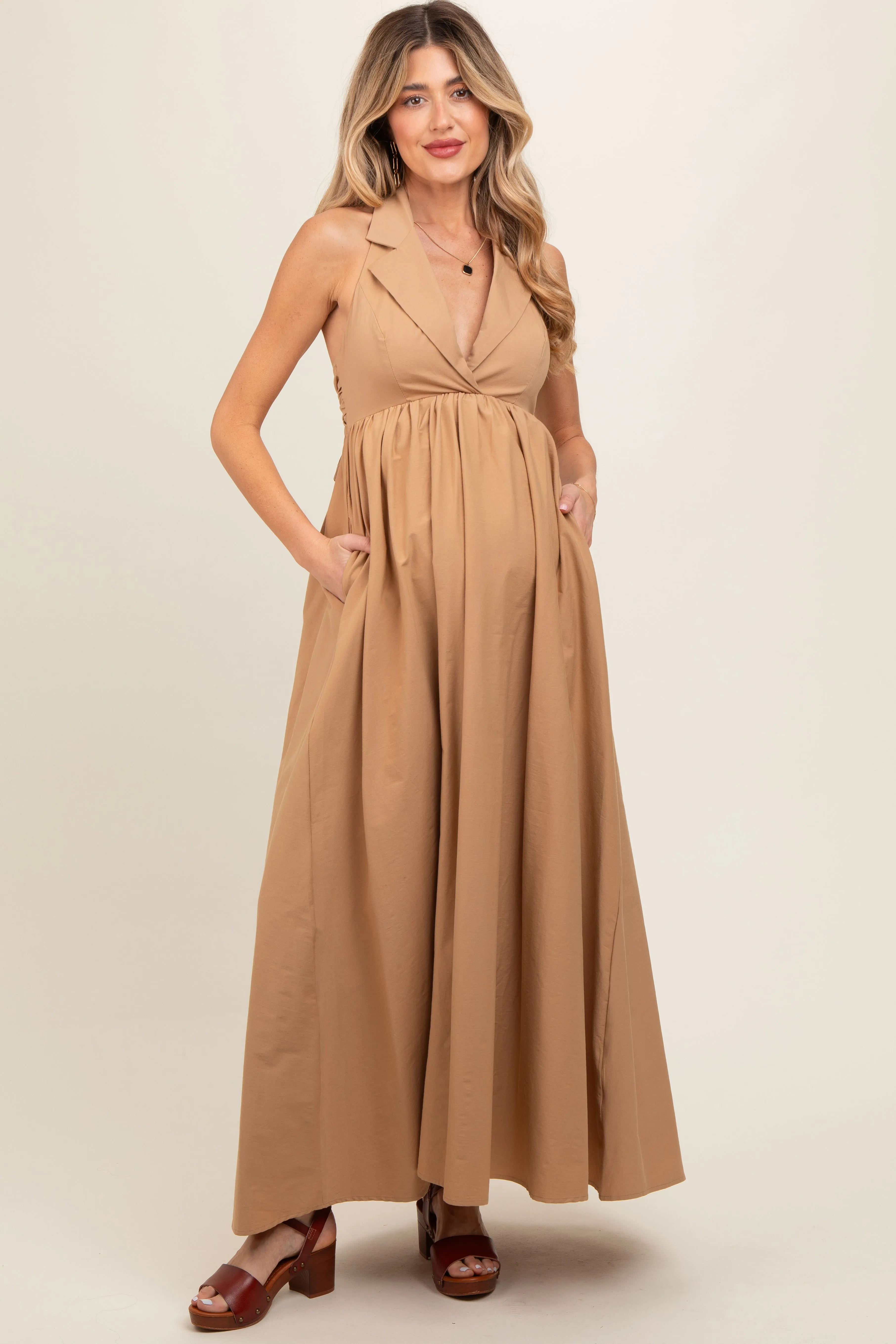Taupe Collared Halter Back Tie Maternity Maxi Dress sold by Pinkblush product image thumbnail 2