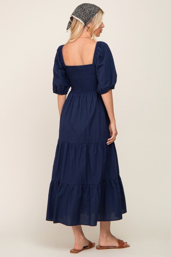 Navy Blue Square Neck Smocked Tiered Maxi Dress sold by Pinkblush product image thumbnail 3