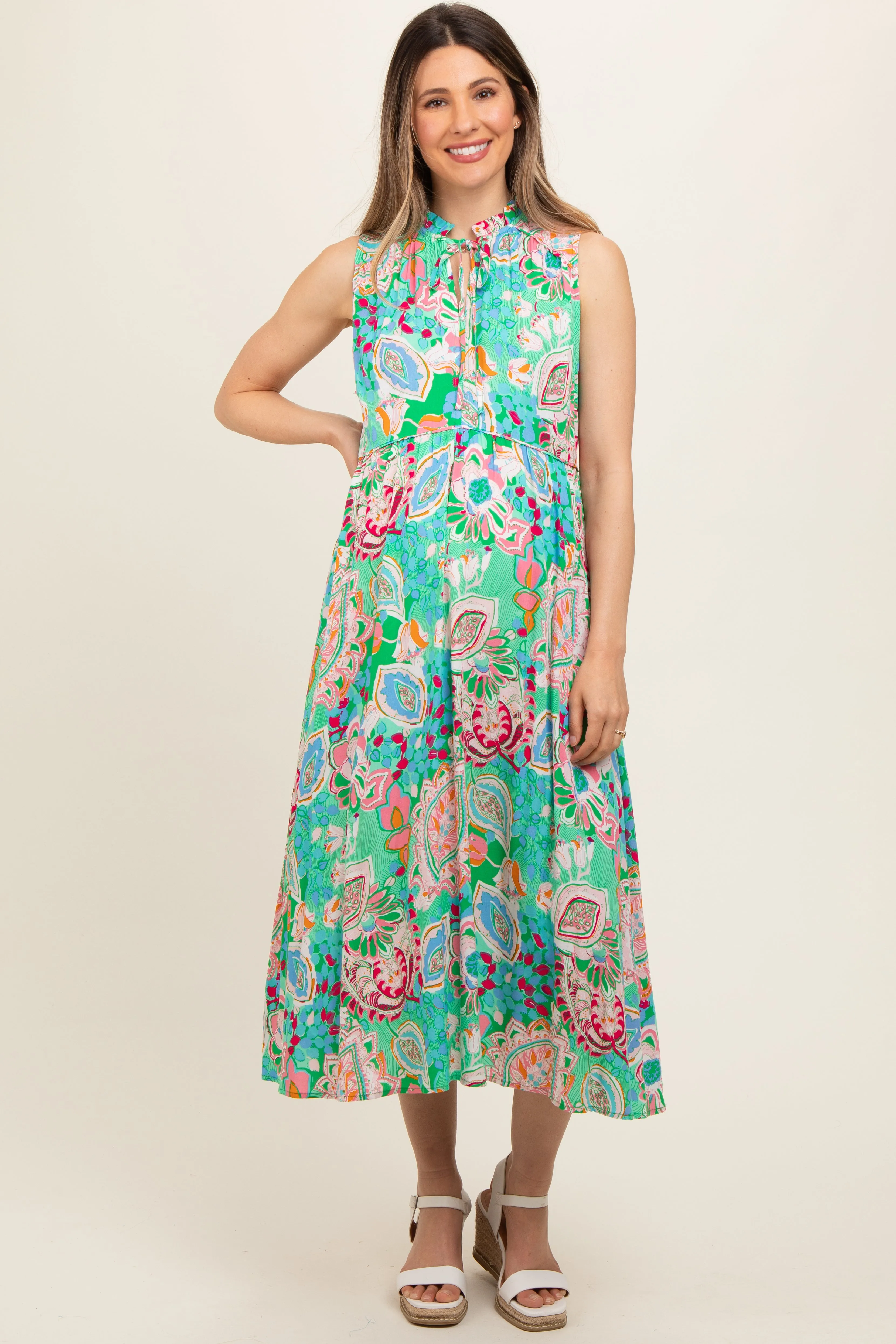 Emerald Green Floral Paisley Mock Neck Maternity Midi Dress sold by Pinkblush