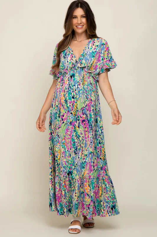 Blue Multi-Color Floral Ruffle Maternity Maxi Dress sold by Pinkblush