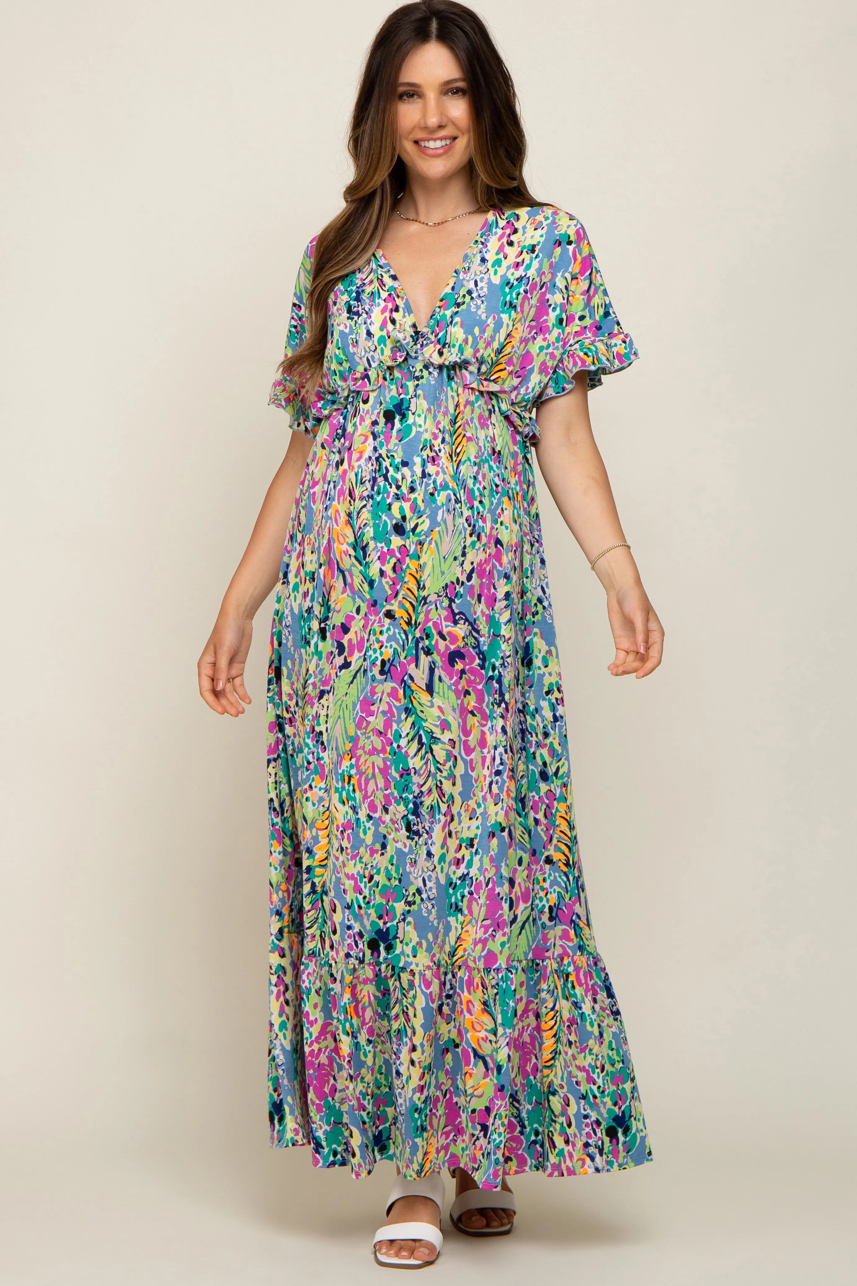 Blue Multi-Color Floral Ruffle Maternity Maxi Dress sold by Pinkblush