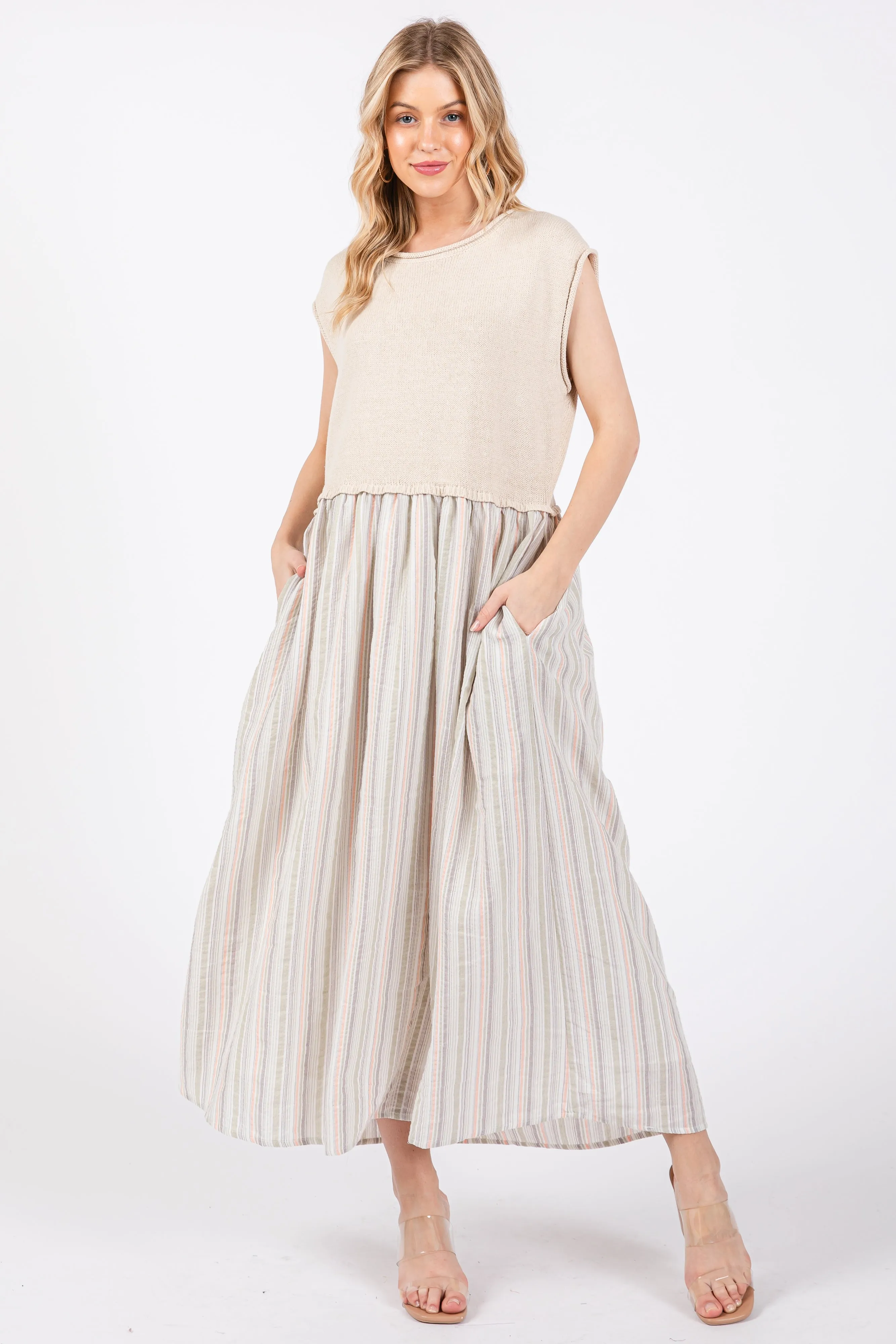 Sage Knit Striped Skirt Pocketed Sleeveless Midi Dress sold by Pinkblush product image thumbnail 2