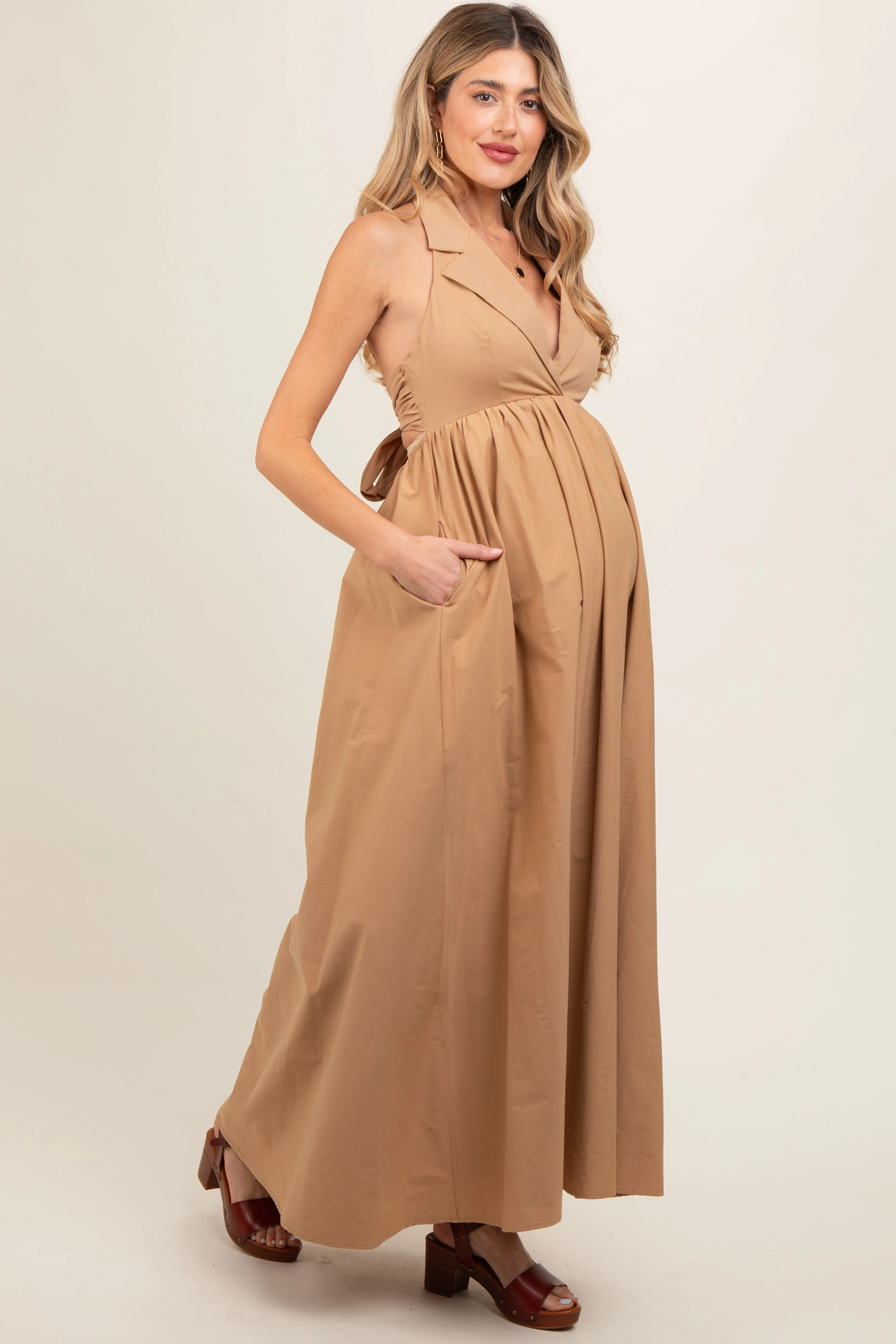 Taupe Collared Halter Back Tie Maternity Maxi Dress sold by Pinkblush product image thumbnail 3