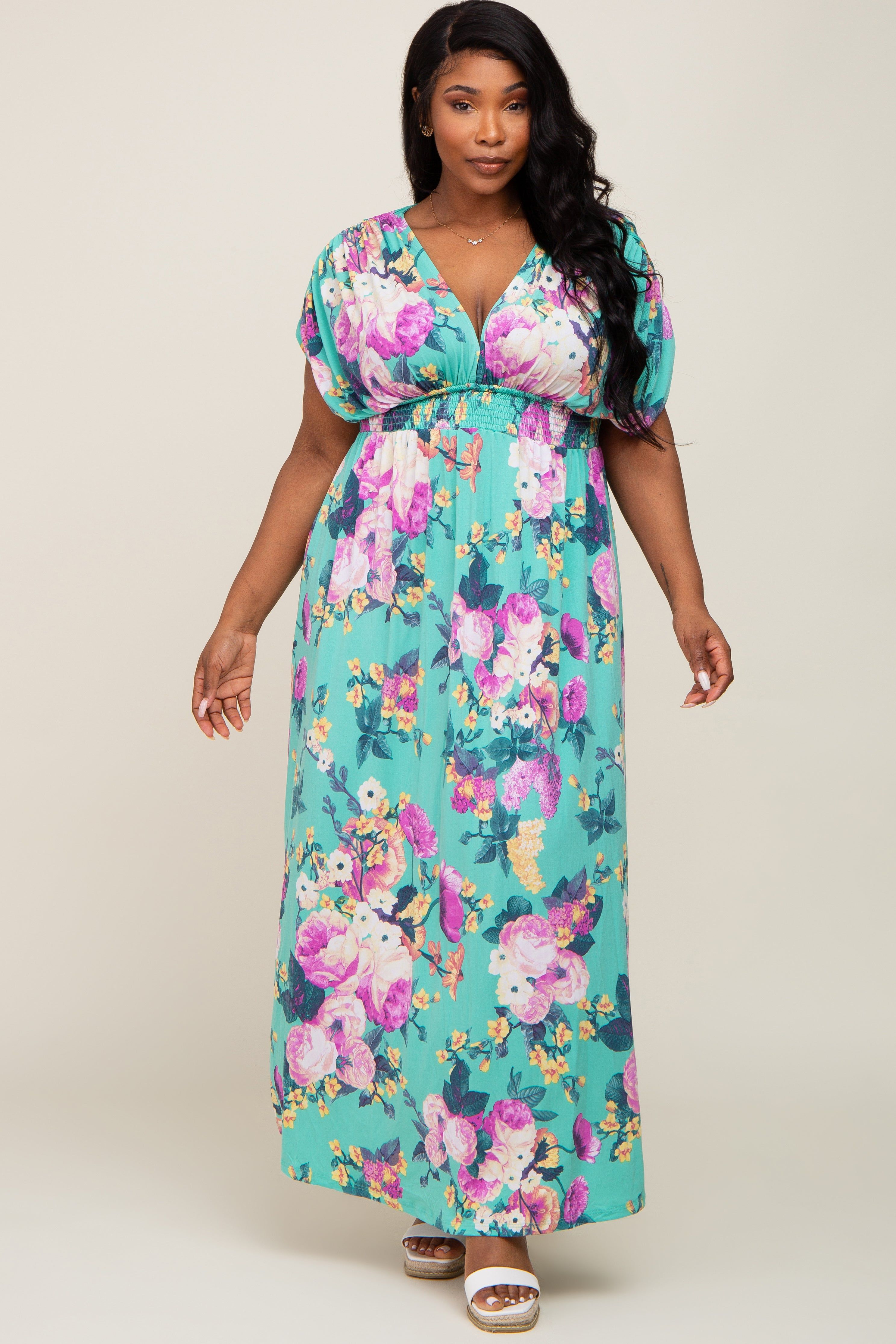 Aqua Floral Deep V-Neck Plus Maxi Dress sold by Pinkblush product image thumbnail 5