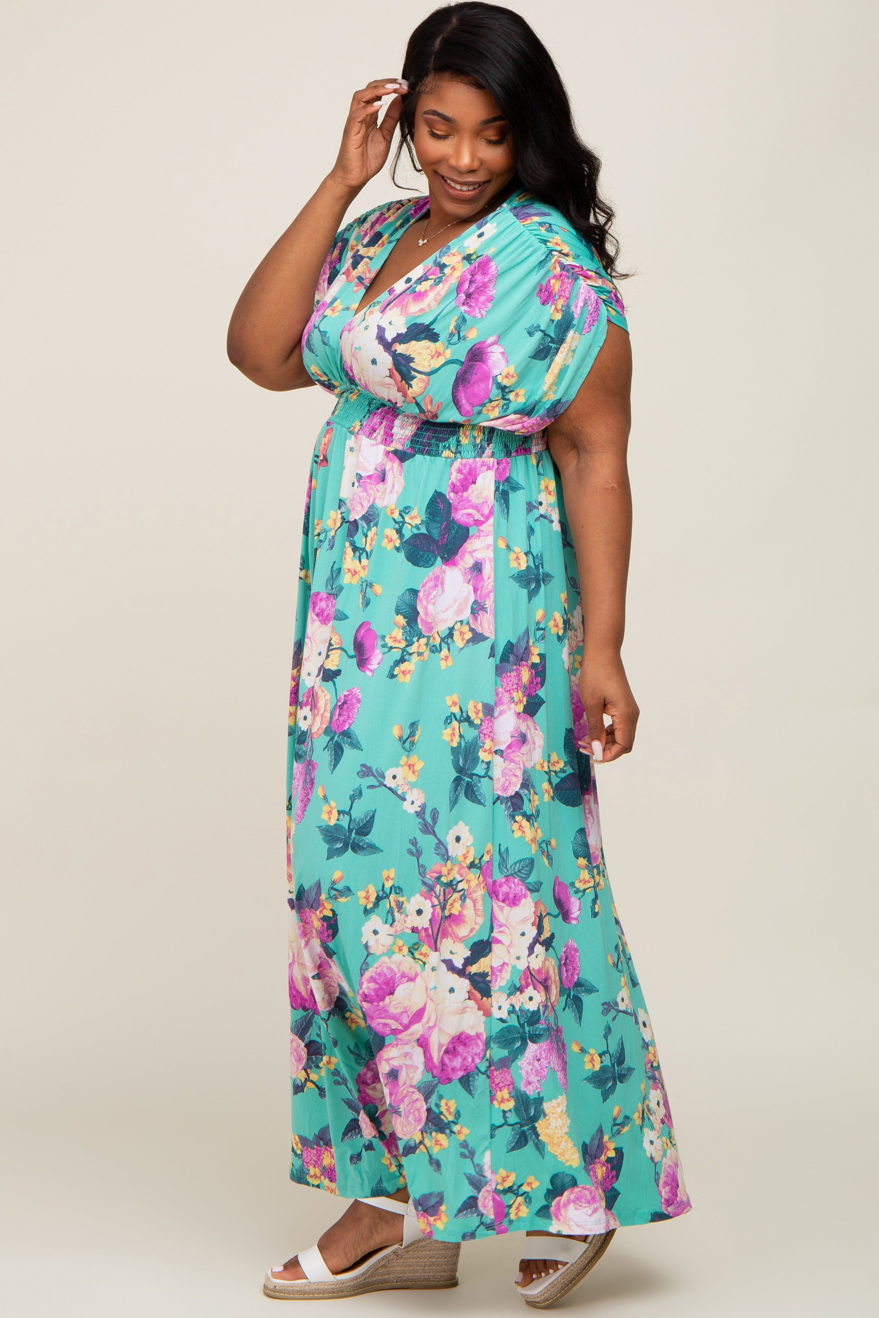 Aqua Floral Deep V-Neck Plus Maxi Dress sold by Pinkblush product image thumbnail 2